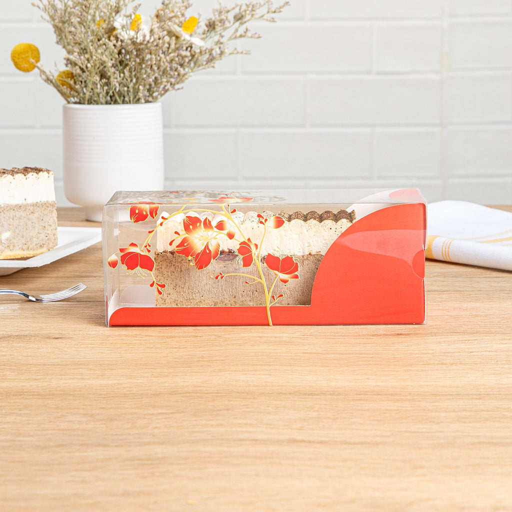 Sweet Vision Rectangle Clear Plastic Eclair Box - Red Paper Sleeve, Flower / Bird Accent - 7" x 2 1/2" x 2 1/2" - 100 count box
