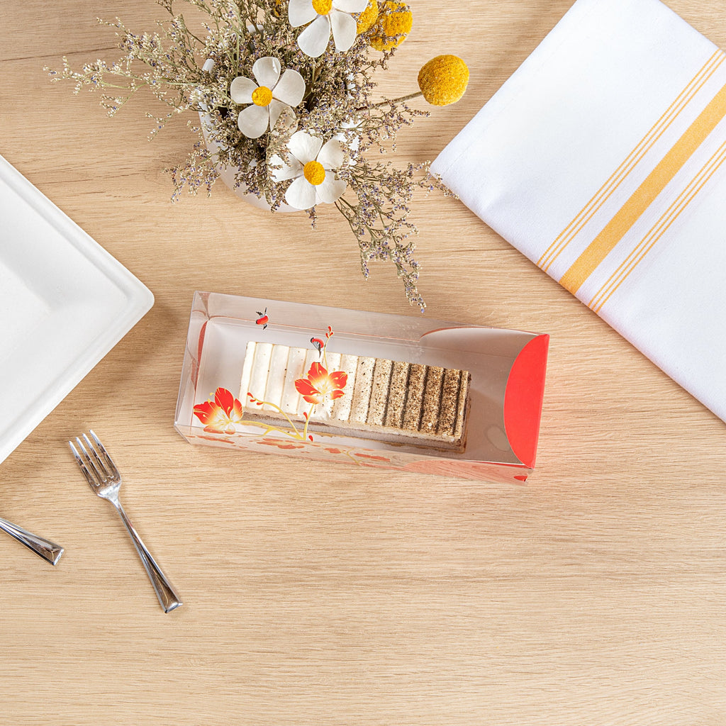 Sweet Vision Rectangle Clear Plastic Eclair Box - Red Paper Sleeve, Flower / Bird Accent - 7" x 2 1/2" x 2 1/2" - 100 count box