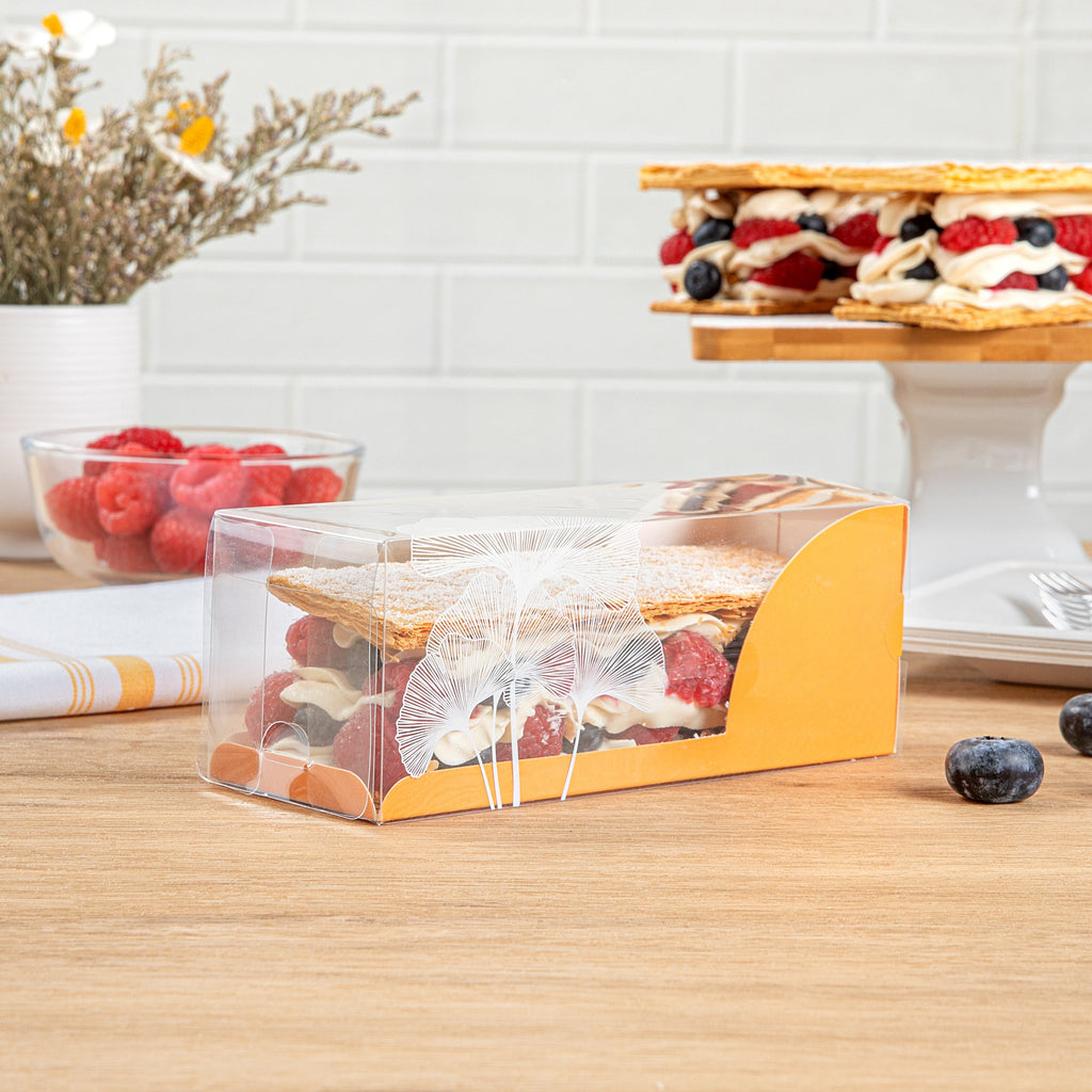 Sweet Vision Rectangle Clear Plastic Eclair Box - Orange Paper Sleeve, Leaf Accent - 7" x 2 1/2" x 2 1/2" - 100 count box