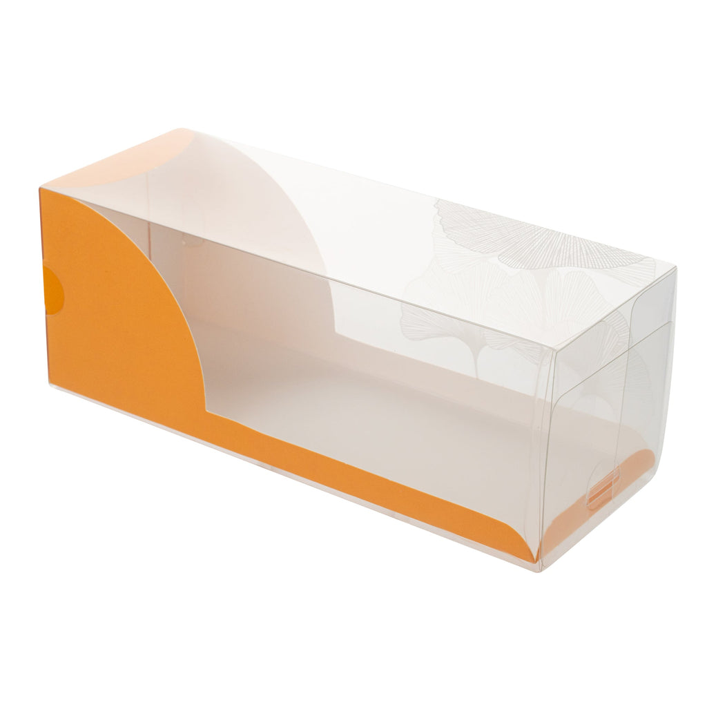 Sweet Vision Rectangle Clear Plastic Eclair Box - Orange Paper Sleeve, Leaf Accent - 7" x 2 1/2" x 2 1/2" - 100 count box