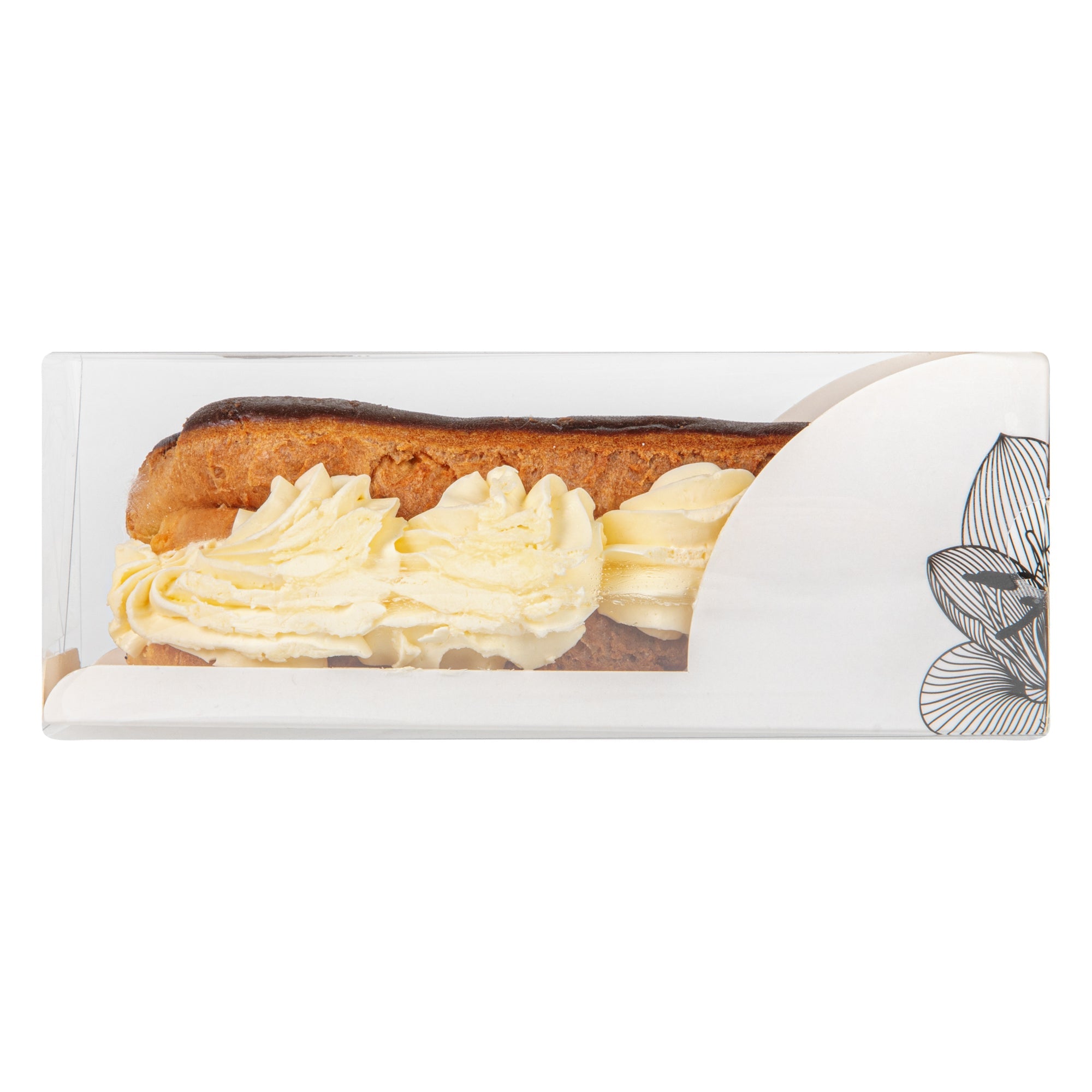 Sweet Vision Rectangle Clear Plastic Eclair Box - White Paper Sleeve, Lotus Accent - 7" x 2 1/2" x 2 1/2" - 100 count box