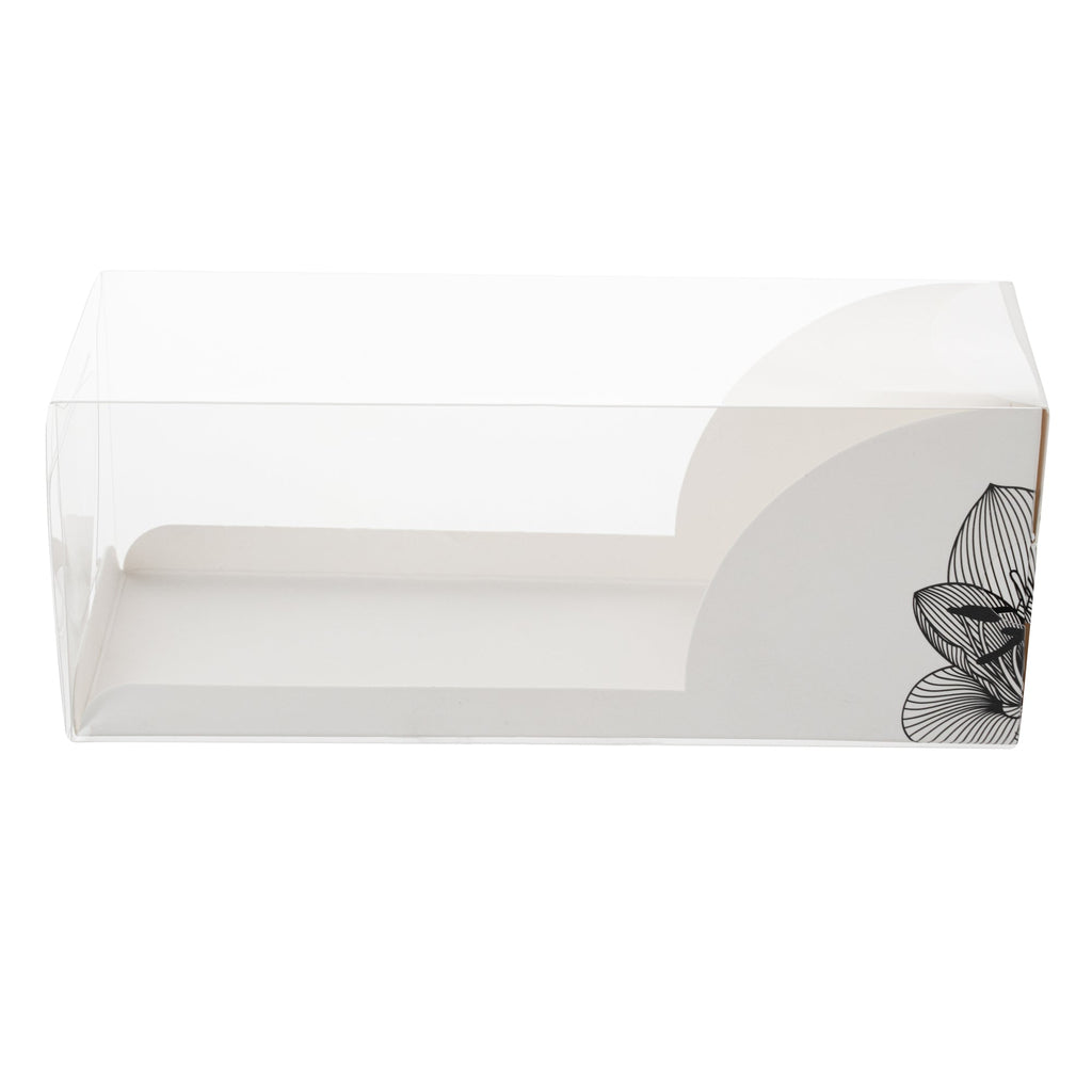 Sweet Vision Rectangle Clear Plastic Eclair Box - White Paper Sleeve, Lotus Accent - 7" x 2 1/2" x 2 1/2" - 100 count box