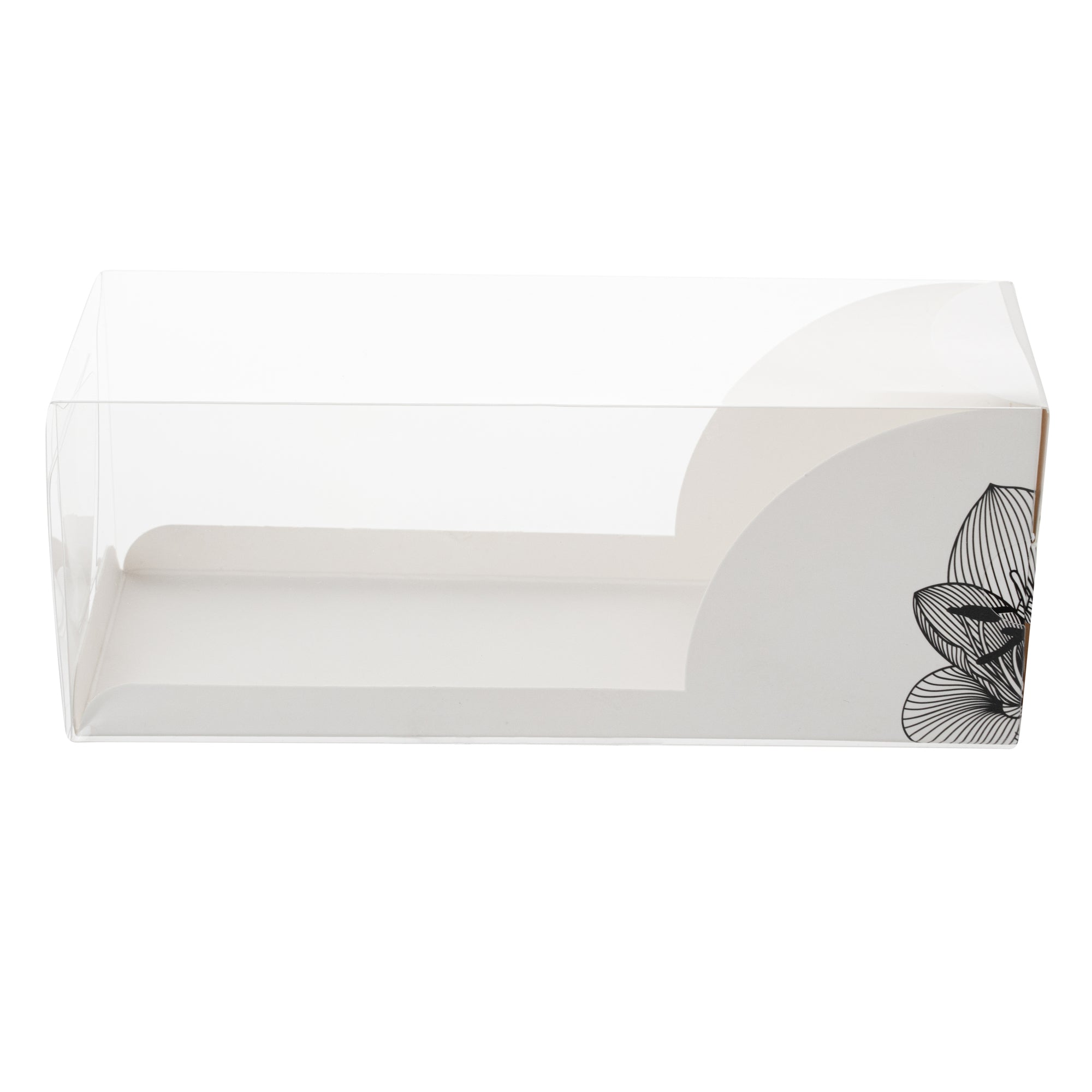 Sweet Vision Rectangle Clear Plastic Eclair Box - White Paper Sleeve, Lotus Accent - 7" x 2 1/2" x 2 1/2" - 100 count box