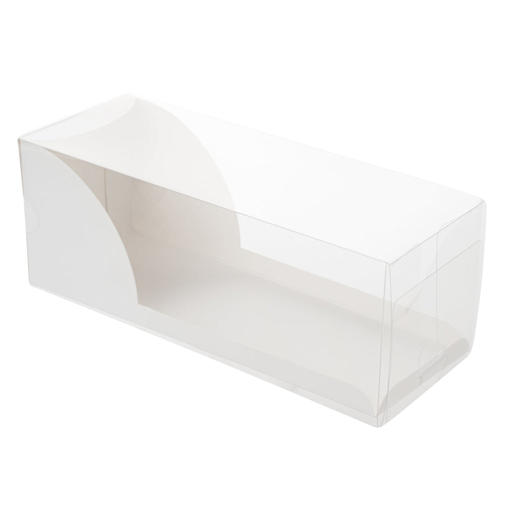 Sweet Vision Rectangle Clear Plastic Eclair Box - White Paper Sleeve, Lotus Accent - 7" x 2 1/2" x 2 1/2" - 100 count box