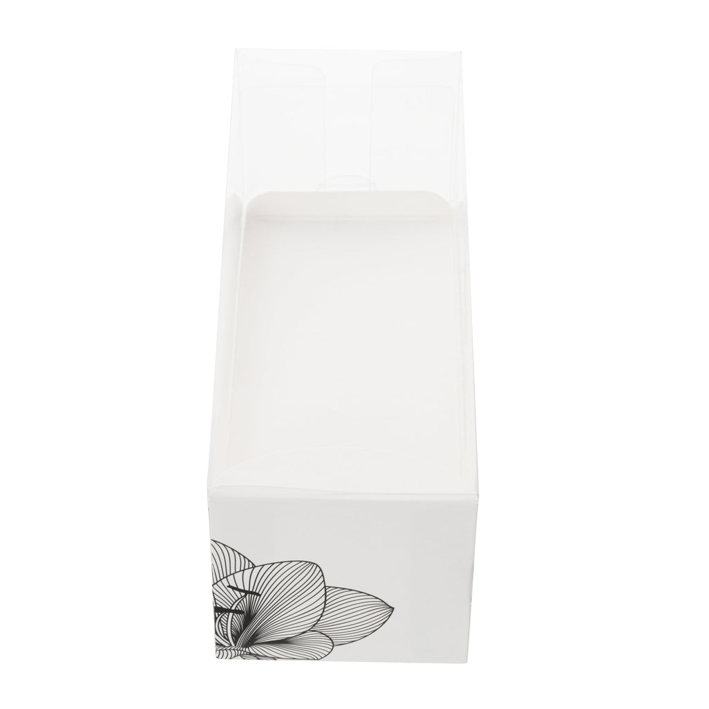 Sweet Vision Rectangle Clear Plastic Eclair Box - White Paper Sleeve, Lotus Accent - 7" x 2 1/2" x 2 1/2" - 100 count box
