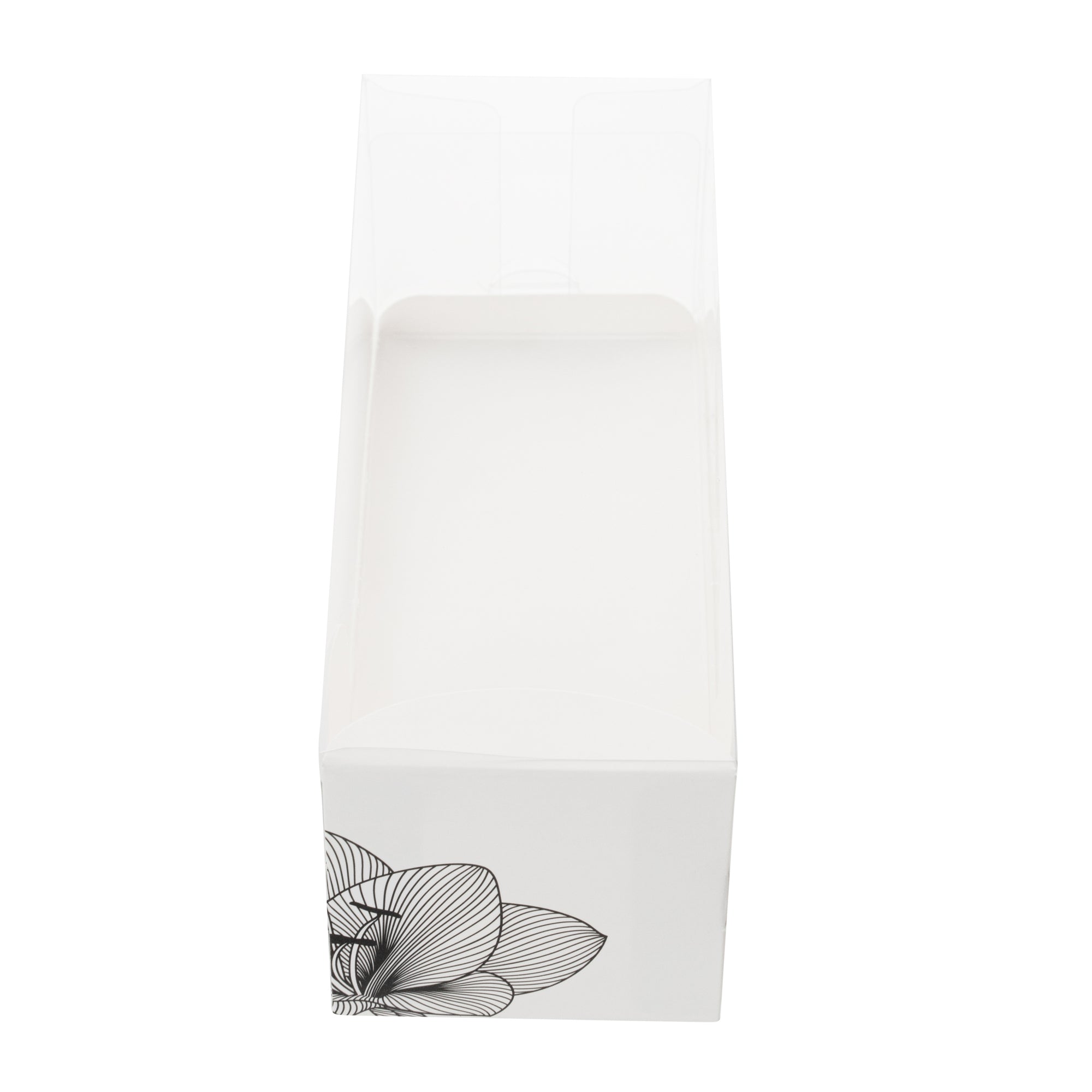 Sweet Vision Rectangle Clear Plastic Eclair Box - White Paper Sleeve, Lotus Accent - 7" x 2 1/2" x 2 1/2" - 100 count box