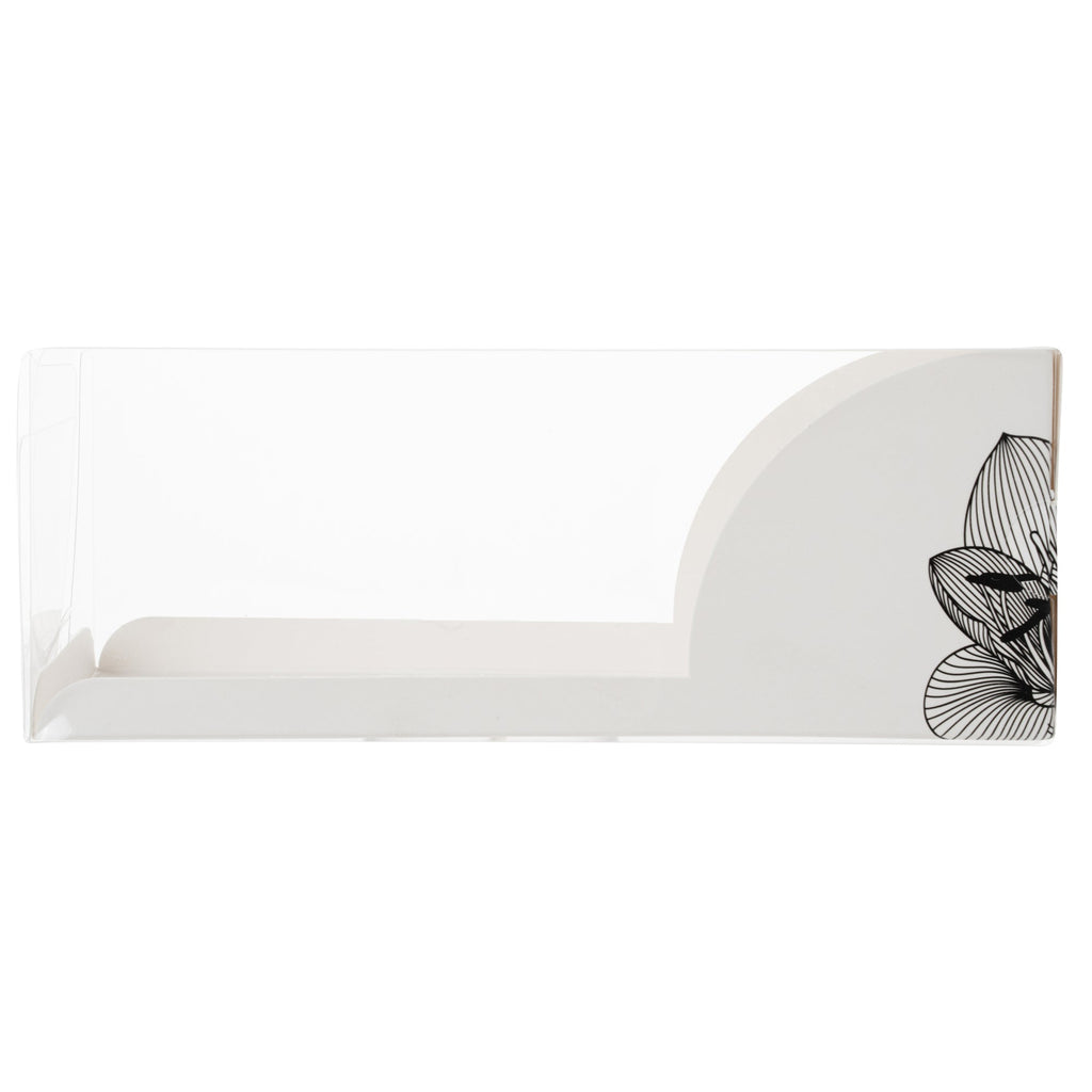 Sweet Vision Rectangle Clear Plastic Eclair Box - White Paper Sleeve, Lotus Accent - 7" x 2 1/2" x 2 1/2" - 100 count box