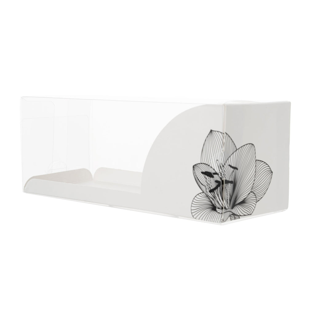 Sweet Vision Rectangle Clear Plastic Eclair Box - White Paper Sleeve, Lotus Accent - 7" x 2 1/2" x 2 1/2" - 100 count box