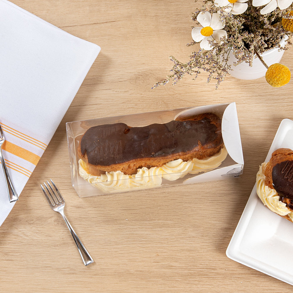 Sweet Vision Rectangle Clear Plastic Eclair Box - White Paper Sleeve, Lotus Accent - 7" x 2 1/2" x 2 1/2" - 100 count box