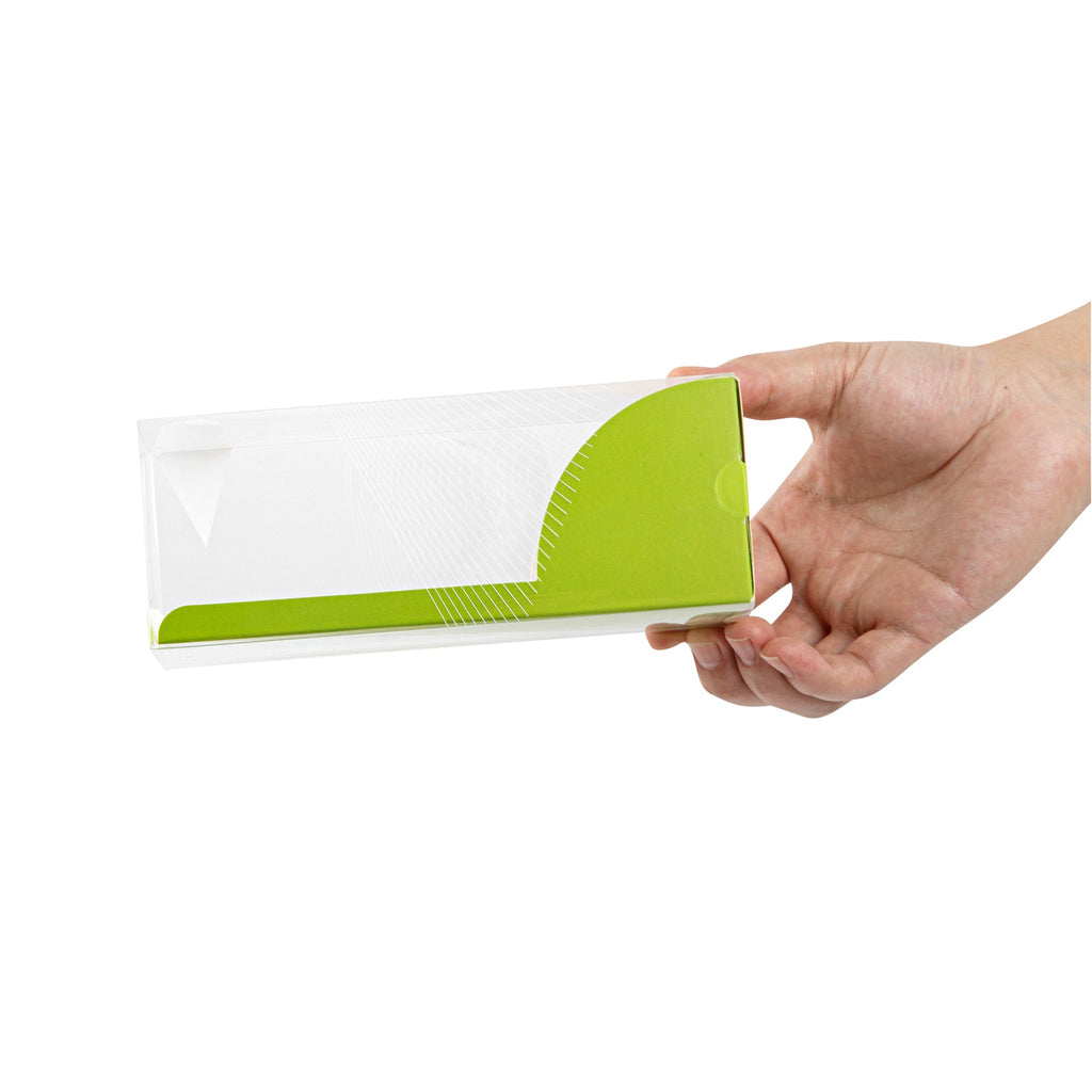 Sweet Vision Rectangle Clear Plastic Eclair Box - Green Paper Sleeve, Geometric Line Accent - 7" x 2 1/2" x 2 1/2" - 100 count box