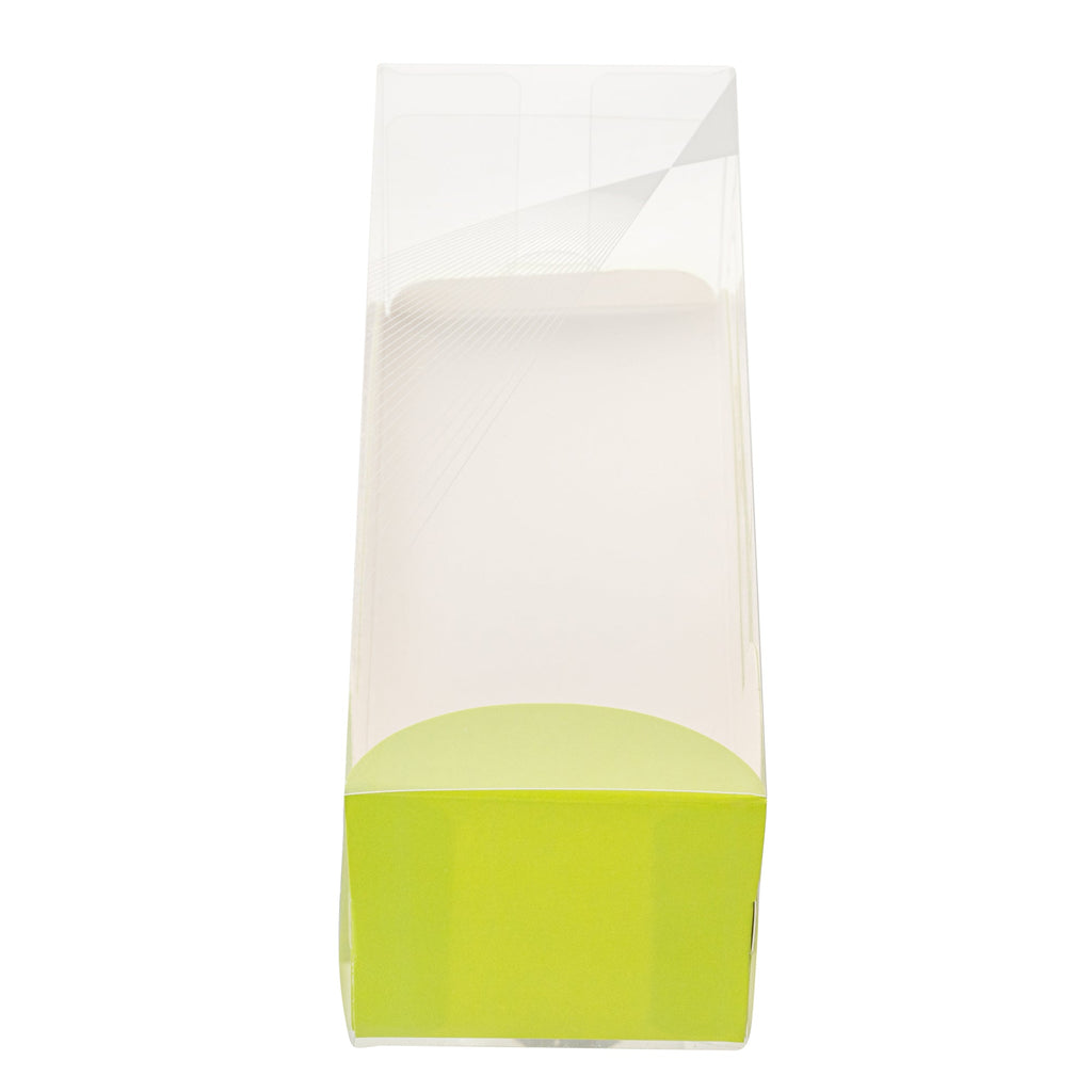 Sweet Vision Rectangle Clear Plastic Eclair Box - Green Paper Sleeve, Geometric Line Accent - 7" x 2 1/2" x 2 1/2" - 100 count box