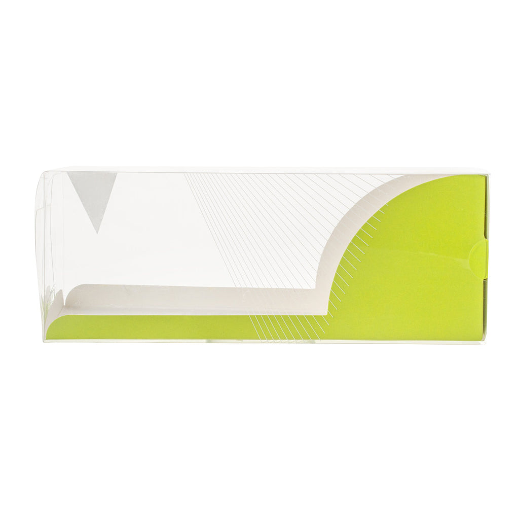Sweet Vision Rectangle Clear Plastic Eclair Box - Green Paper Sleeve, Geometric Line Accent - 7" x 2 1/2" x 2 1/2" - 100 count box
