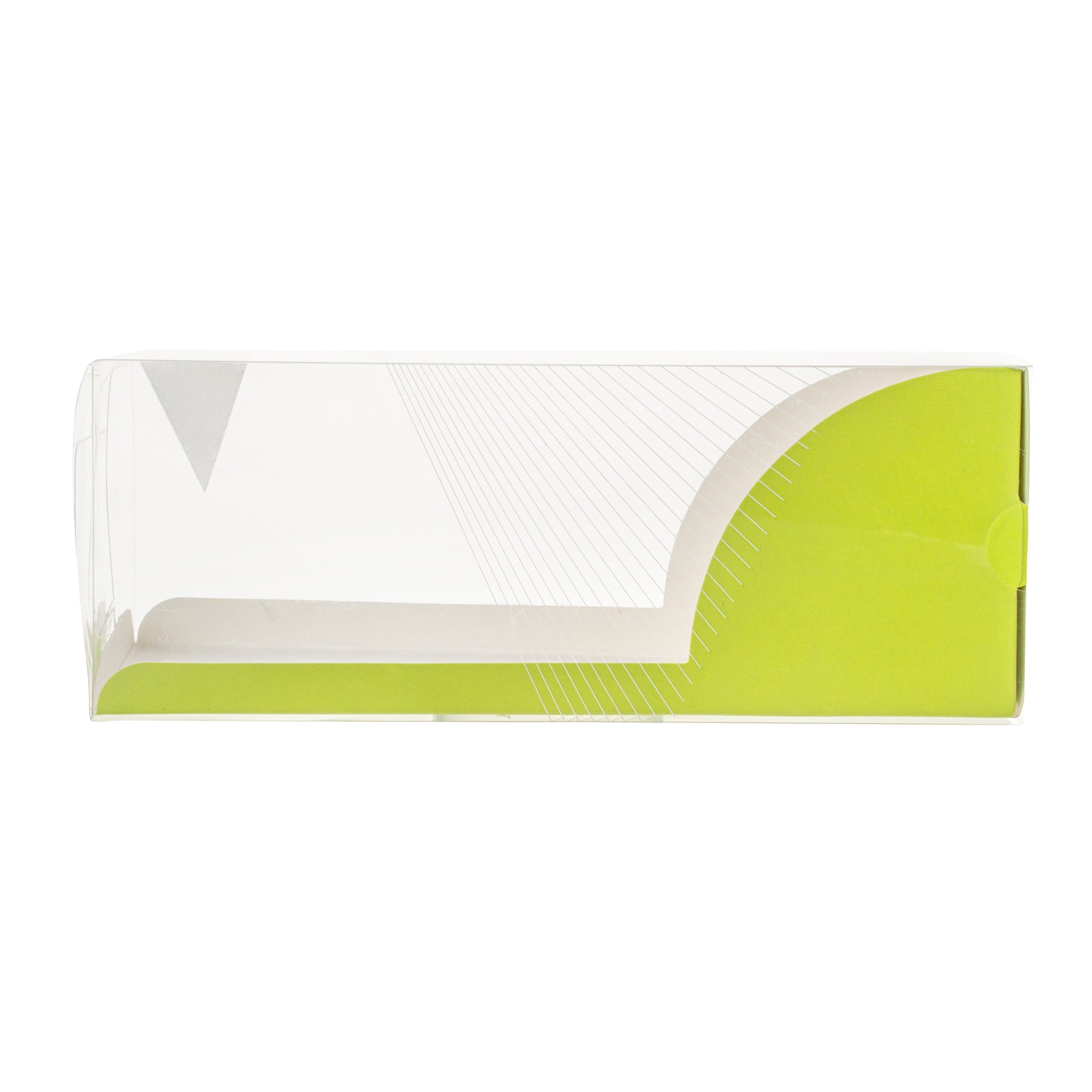Sweet Vision Rectangle Clear Plastic Eclair Box - Green Paper Sleeve, Geometric Line Accent - 7" x 2 1/2" x 2 1/2" - 100 count box