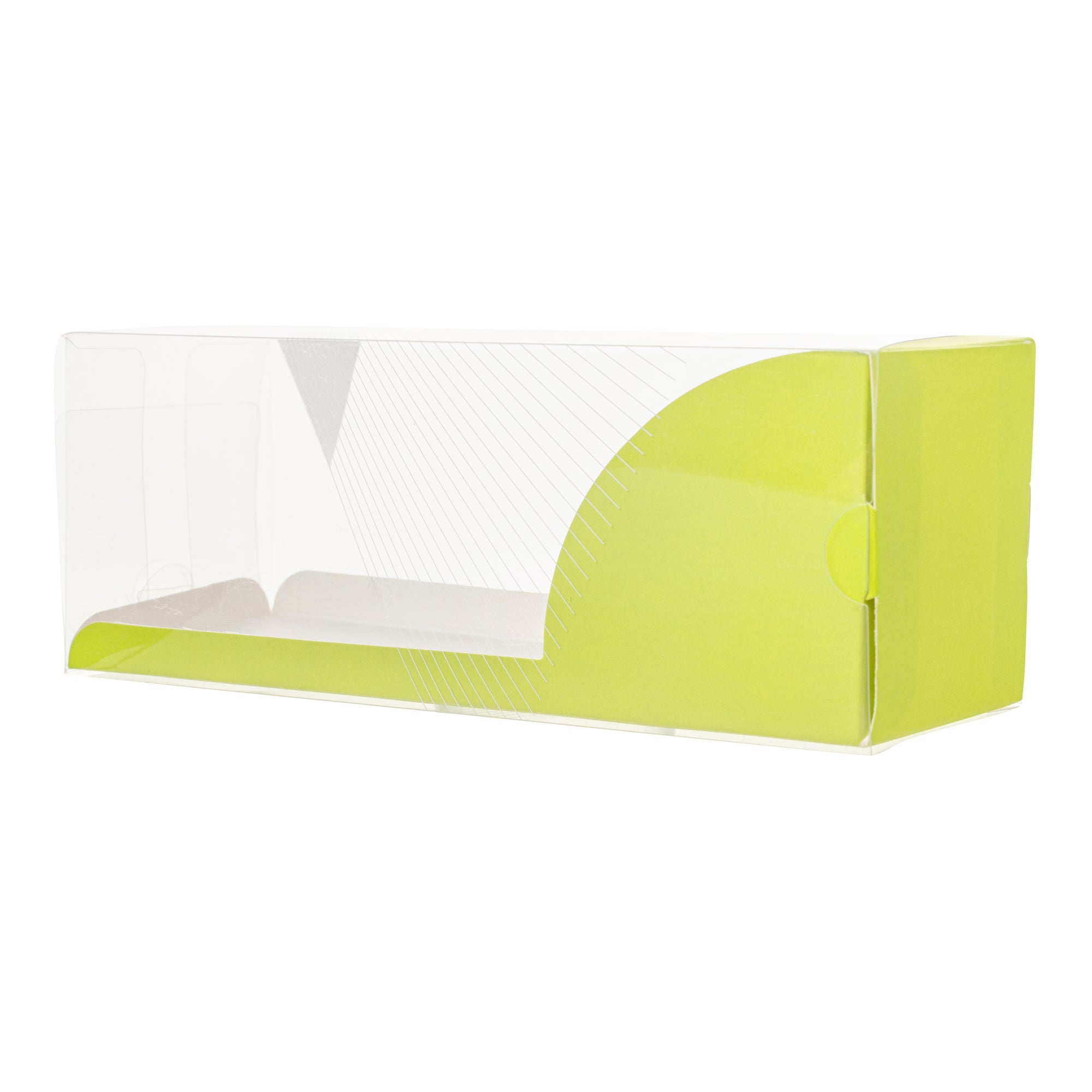 Sweet Vision Rectangle Clear Plastic Eclair Box - Green Paper Sleeve, Geometric Line Accent - 7" x 2 1/2" x 2 1/2" - 100 count box