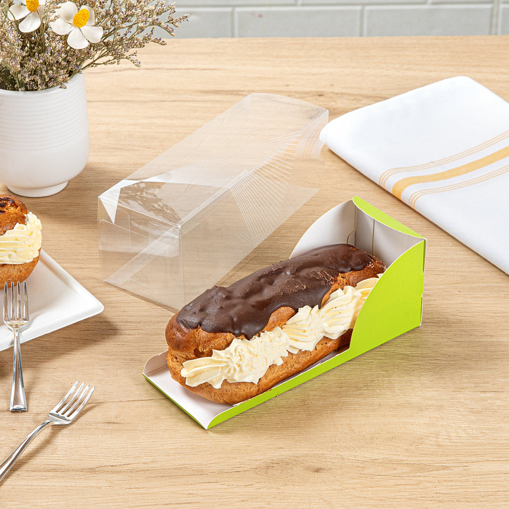 Sweet Vision Rectangle Clear Plastic Eclair Box - Green Paper Sleeve, Geometric Line Accent - 7" x 2 1/2" x 2 1/2" - 100 count box