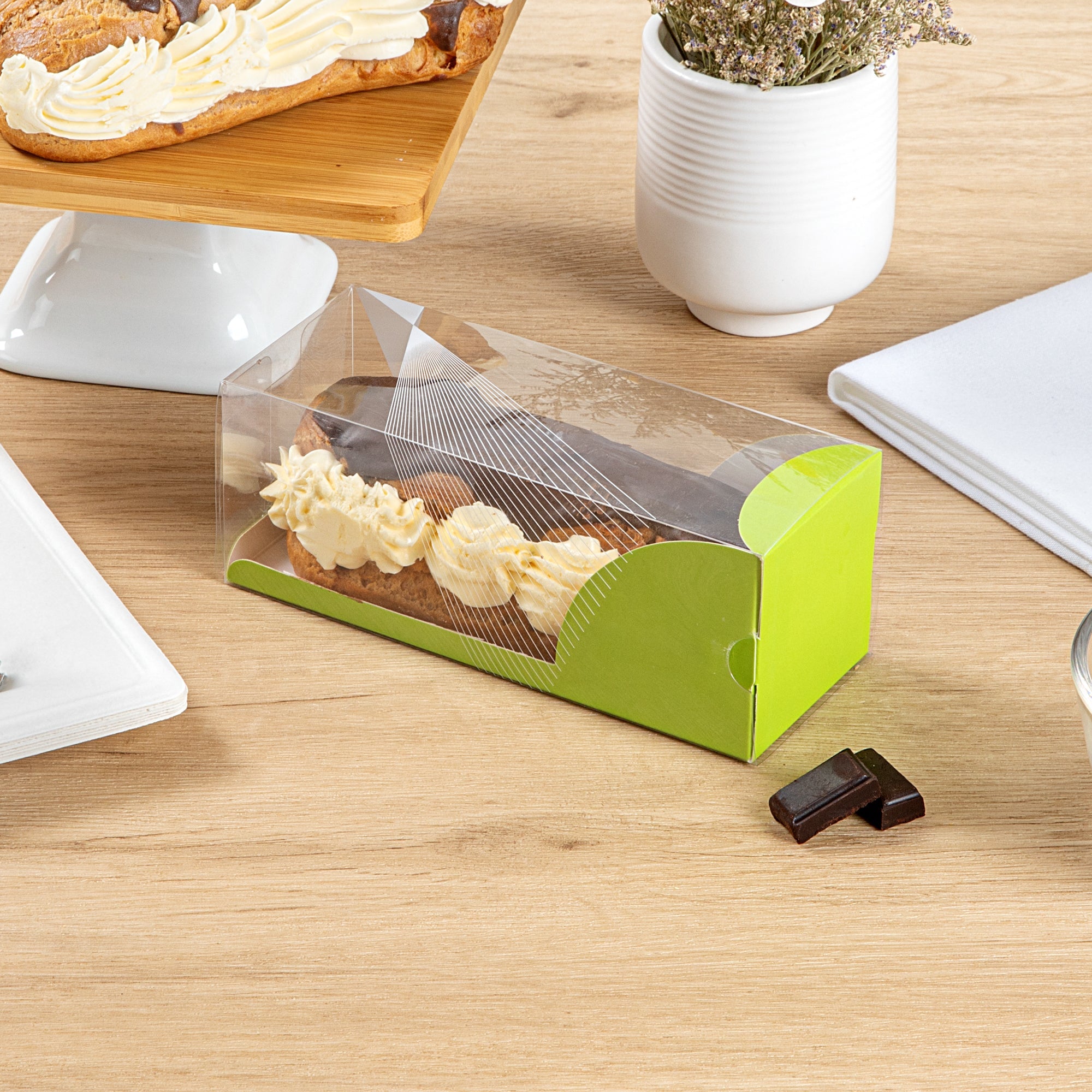 Sweet Vision Rectangle Clear Plastic Eclair Box - Green Paper Sleeve, Geometric Line Accent - 7" x 2 1/2" x 2 1/2" - 100 count box