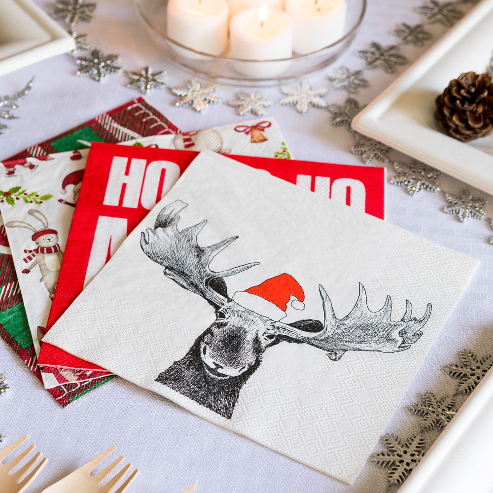 Luxenap White Paper Luncheon Napkin - Holiday Moose - 13" x 13" - 20 count box