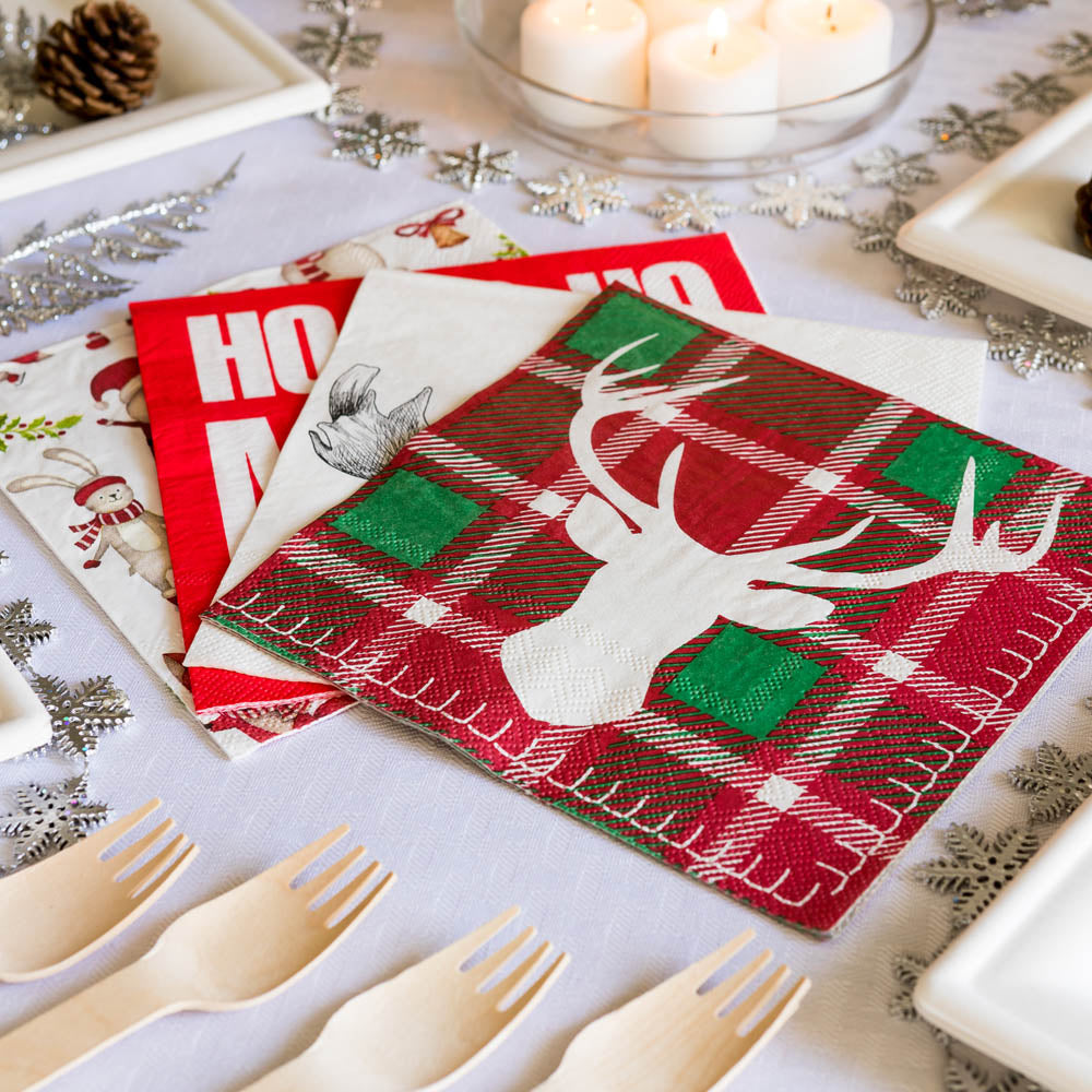 Luxenap Red / Green Plaid Paper Luncheon Napkin - Reindeer - 13" x 13" - 500 count box