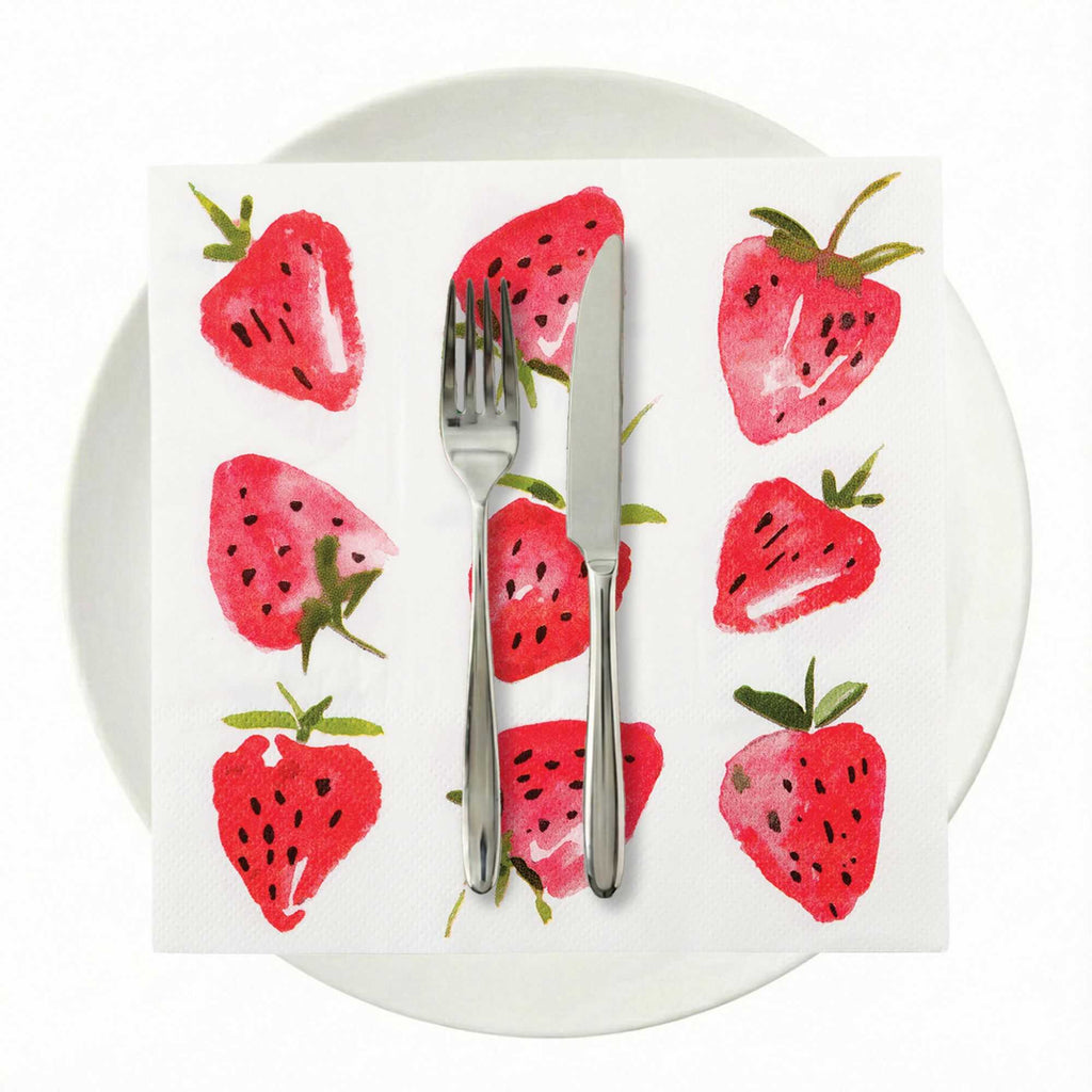 Luxenap White Paper Luncheon Napkin - Strawberry Watercolor - 13" x 13" - 20 count box