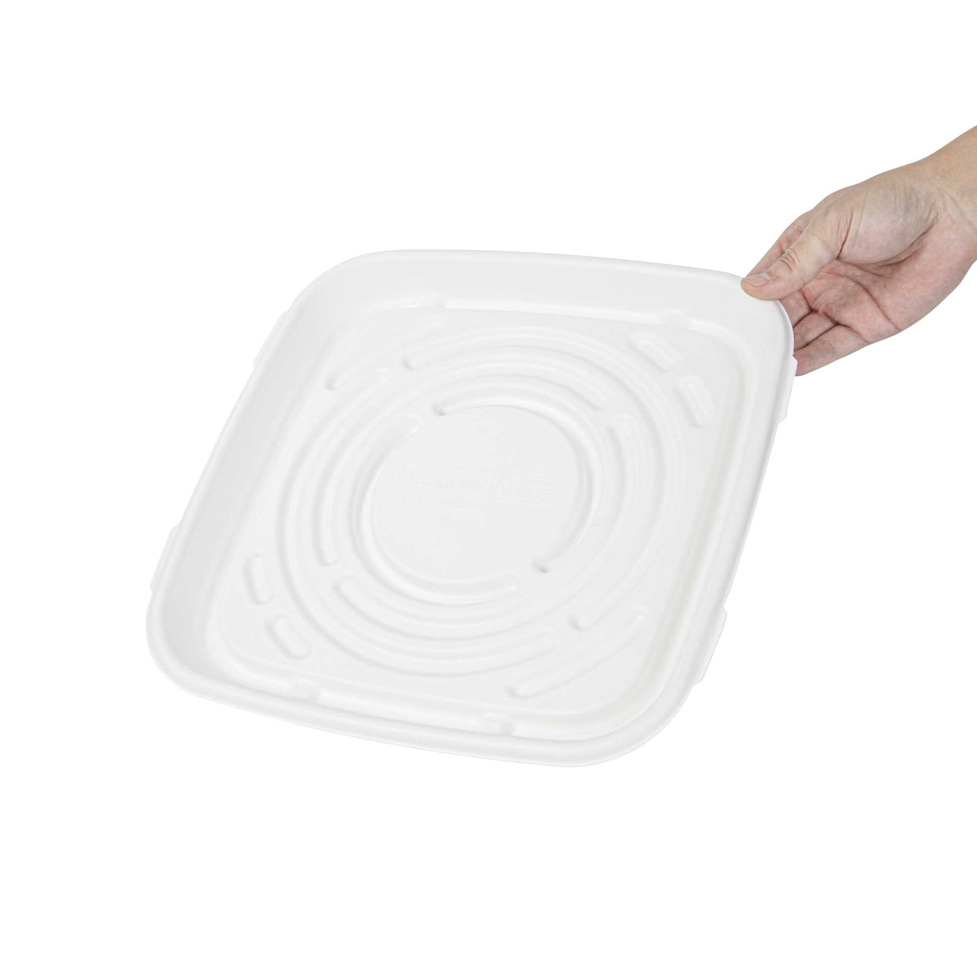 Pulp Safe No PFAS Added Square White Sugarcane / Bagasse Tray - Home Compostable - 12" x 12" - 100 count box