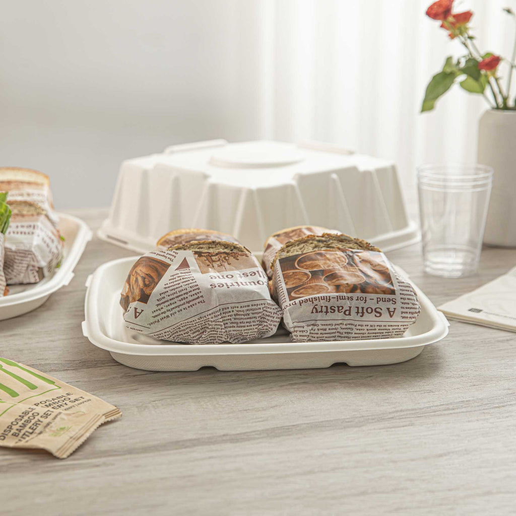 Pulp Safe No PFAS Added Square White Sugarcane / Bagasse Tray - Home Compostable - 12" x 12" - 100 count box