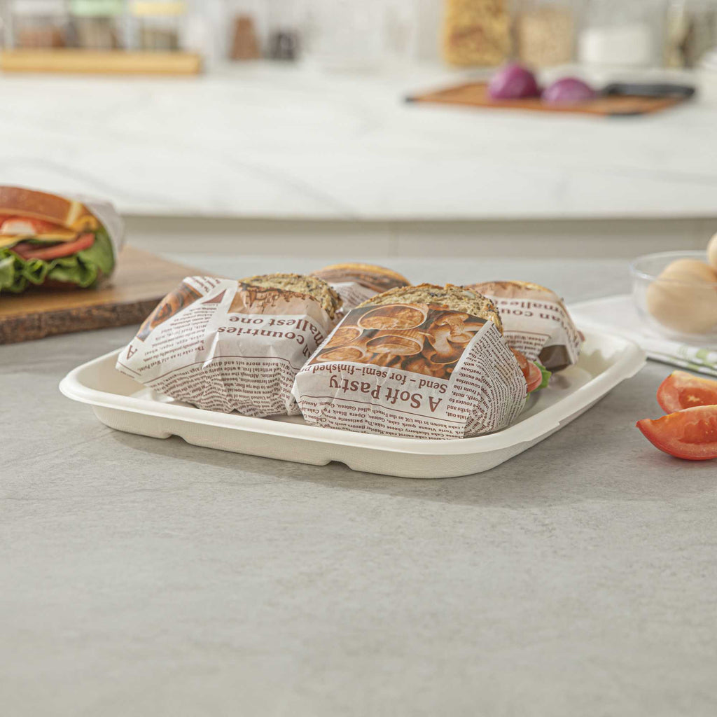 Pulp Safe No PFAS Added Square White Sugarcane / Bagasse Tray - Home Compostable - 12" x 12" - 100 count box