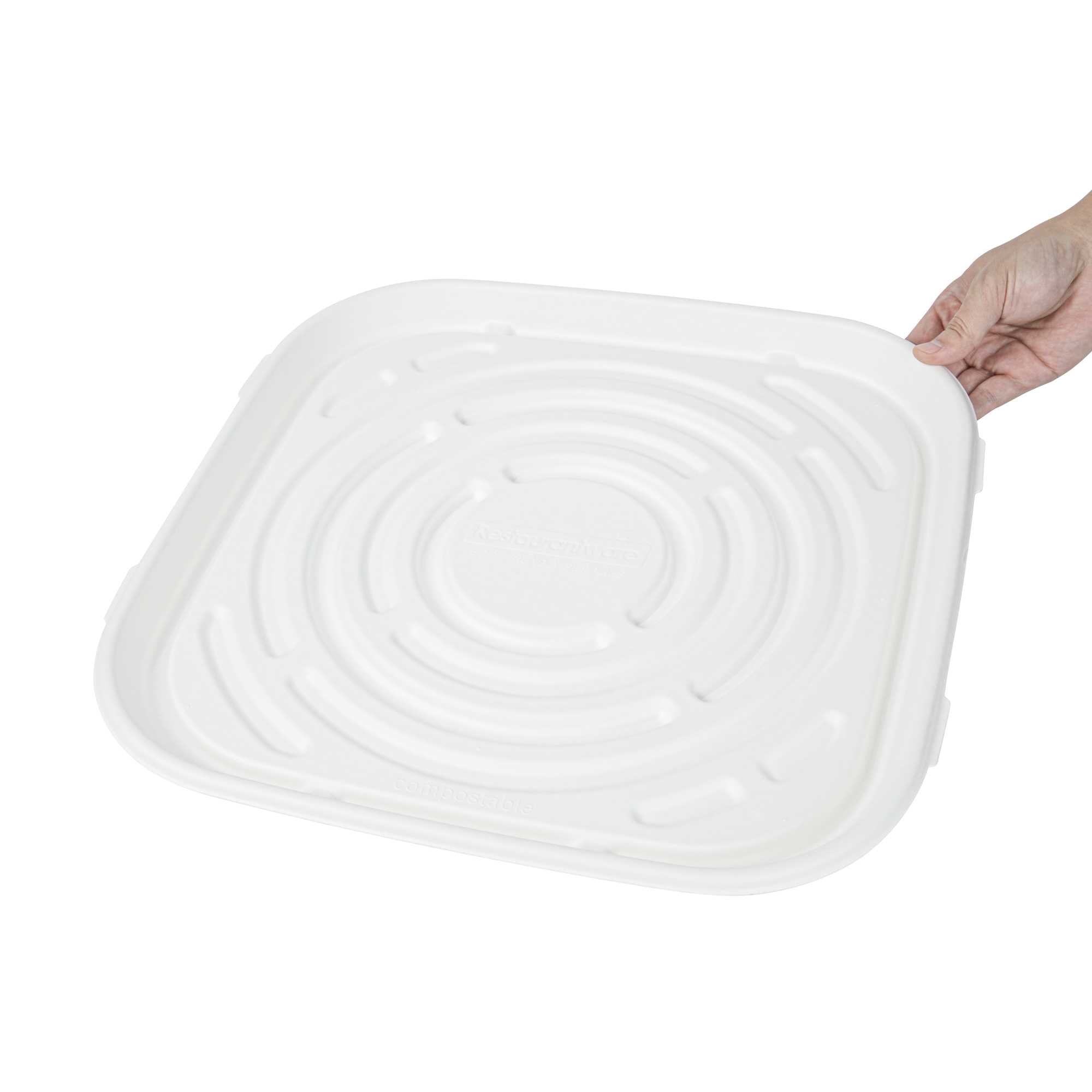 Pulp Safe No PFAS Added Square White Sugarcane / Bagasse Tray - Home Compostable - 16" x 16" - 100 count box