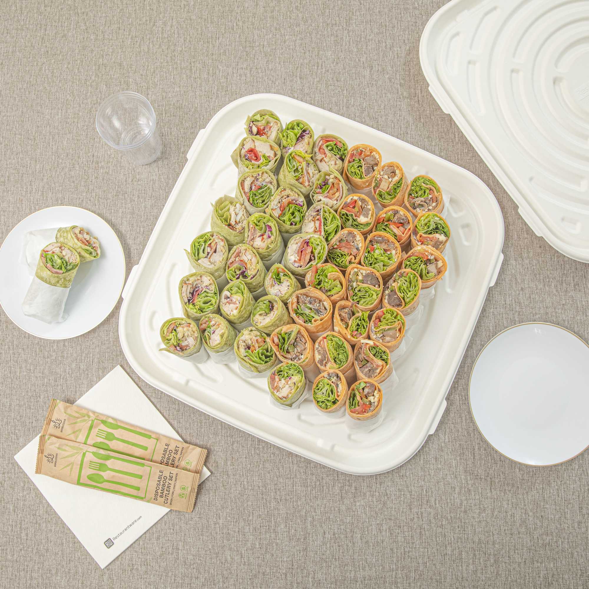 Pulp Safe No PFAS Added Square White Sugarcane / Bagasse Tray - Home Compostable - 18" x 18" - 100 count box