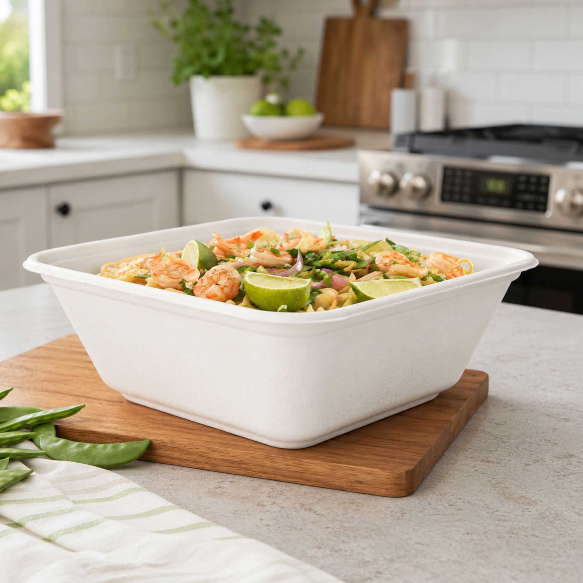 Pulp Safe No PFAS Added 128 oz Square White Sugarcane / Bagasse Serving Bowl - Home Compostable - 10" x 10" x 3 3/4" - 100 count box