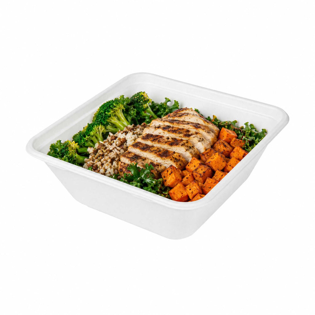 Pulp Safe No PFAS Added 128 oz Square White Sugarcane / Bagasse Serving Bowl - Home Compostable - 10" x 10" x 3 3/4" - 100 count box