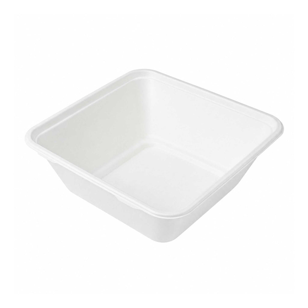 Pulp Safe No PFAS Added 160 oz Square White Sugarcane / Bagasse Serving Bowl - Home Compostable - 10 3/4" x 10 3/4" x 4" - 100 count box