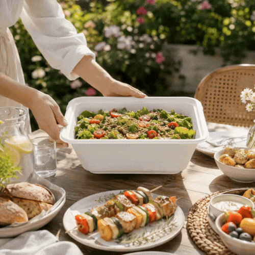 Pulp Safe No PFAS Added 160 oz Square White Sugarcane / Bagasse Serving Bowl - Home Compostable - 10 3/4" x 10 3/4" x 4" - 100 count box