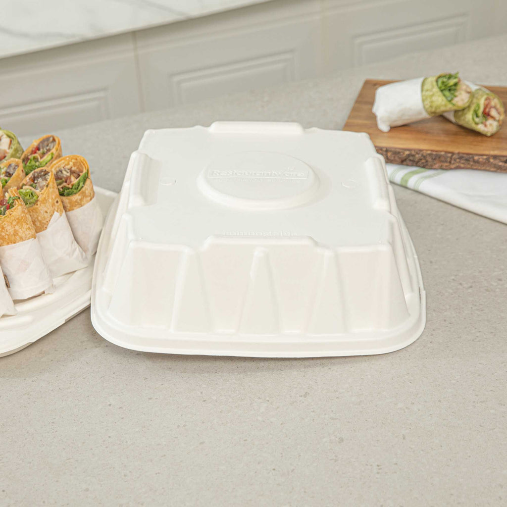 Pulp Safe No PFAS Added Square White Sugarcane/Bagasse Tray Lid - Home Compostable, Fits 12" - 100 count box