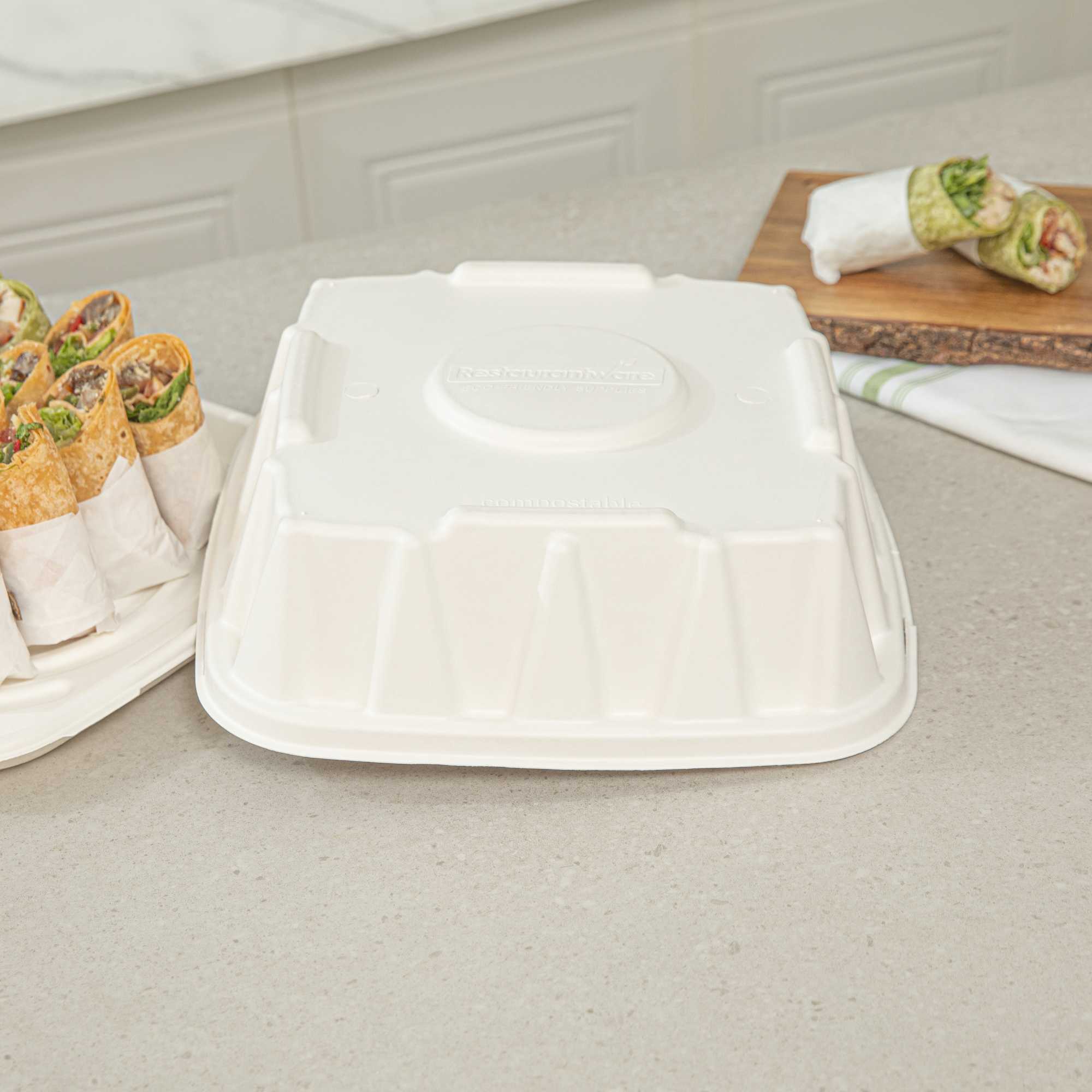 Pulp Safe No PFAS Added Square White Sugarcane/Bagasse Tray Lid - Home Compostable, Fits 12" - 100 count box