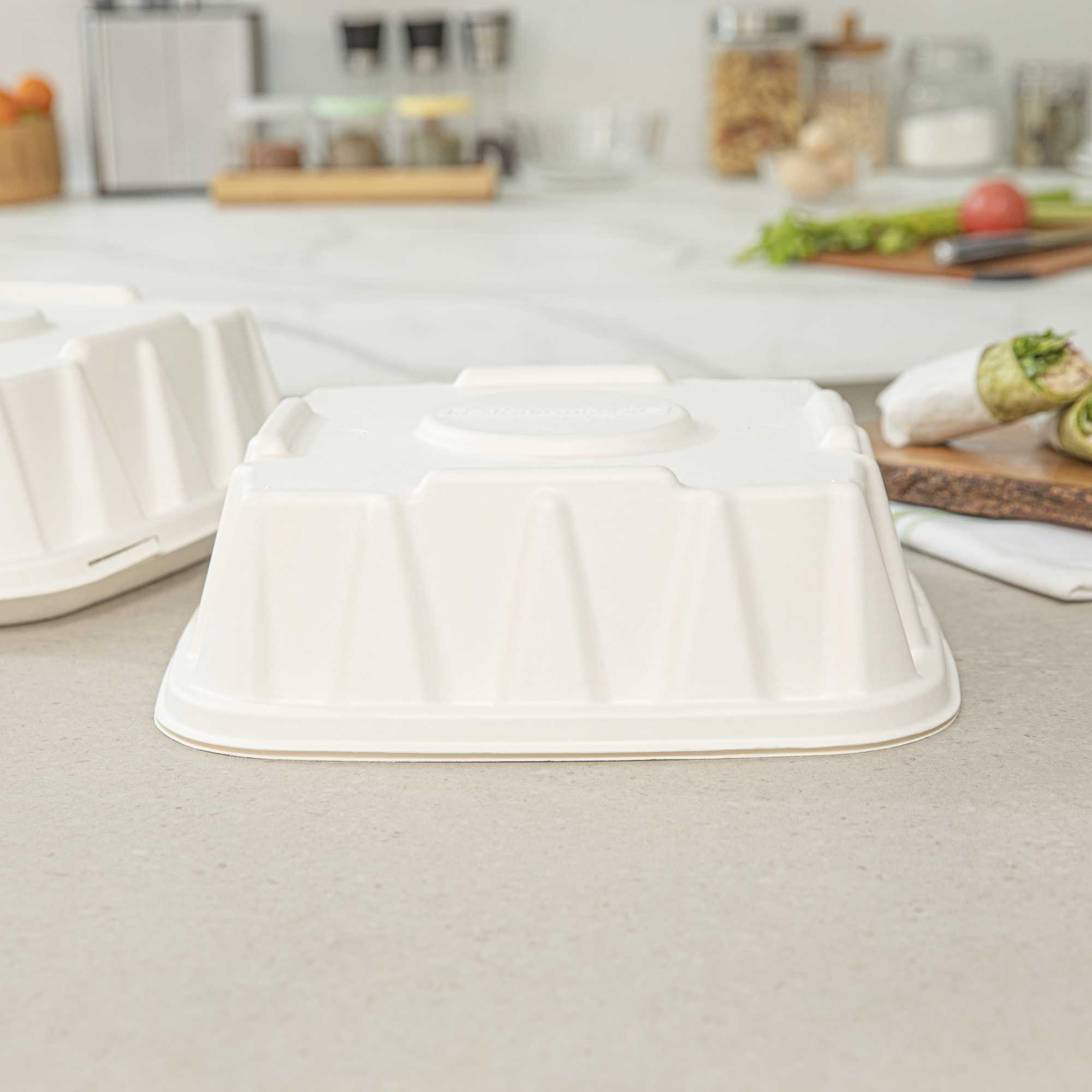 Pulp Safe No PFAS Added Square White Sugarcane/Bagasse Tray Lid - Home Compostable, Fits 12" - 100 count box