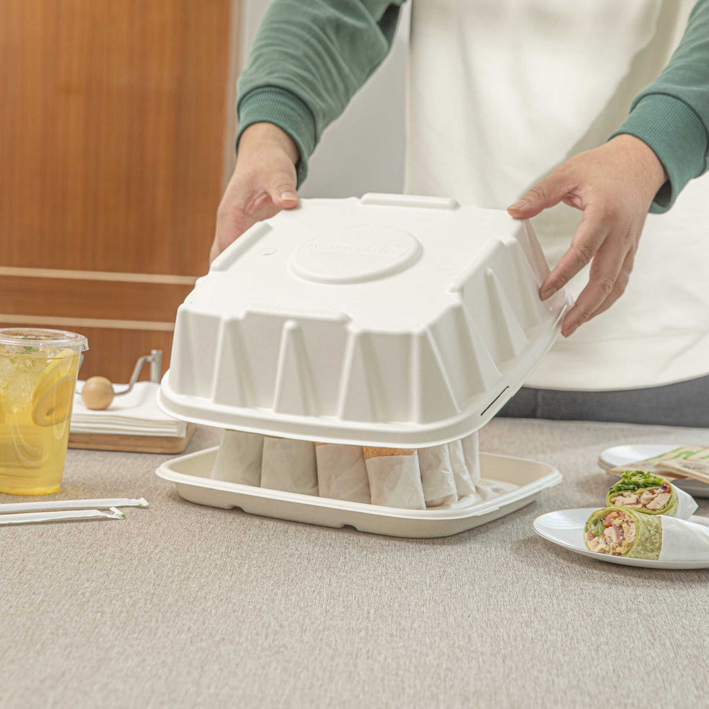 Pulp Safe No PFAS Added Square White Sugarcane/Bagasse Tray Lid - Home Compostable, Fits 12" - 100 count box