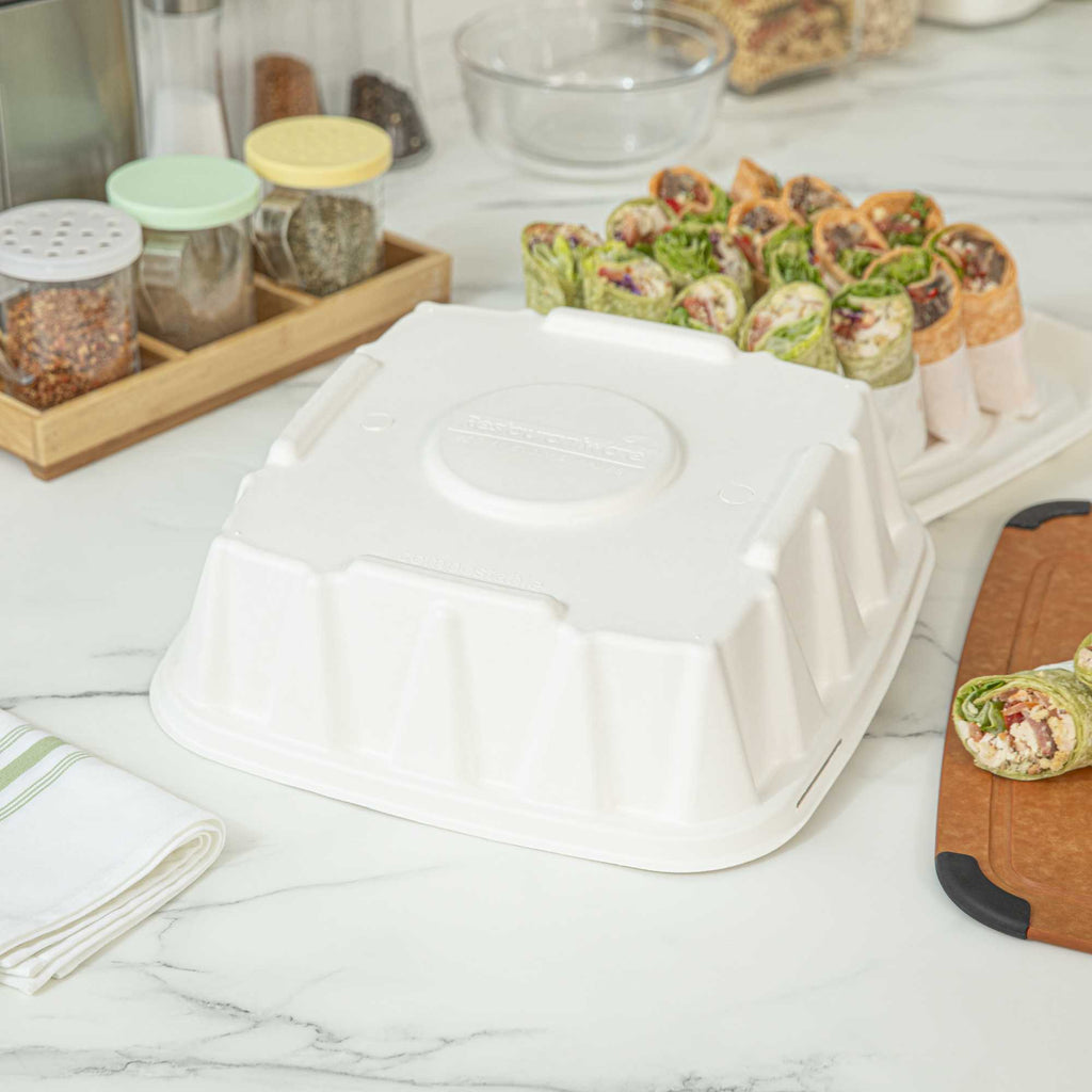 Pulp Safe No PFAS Added Square White Sugarcane/Bagasse Tray Lid - Home Compostable, Fits 12" - 100 count box