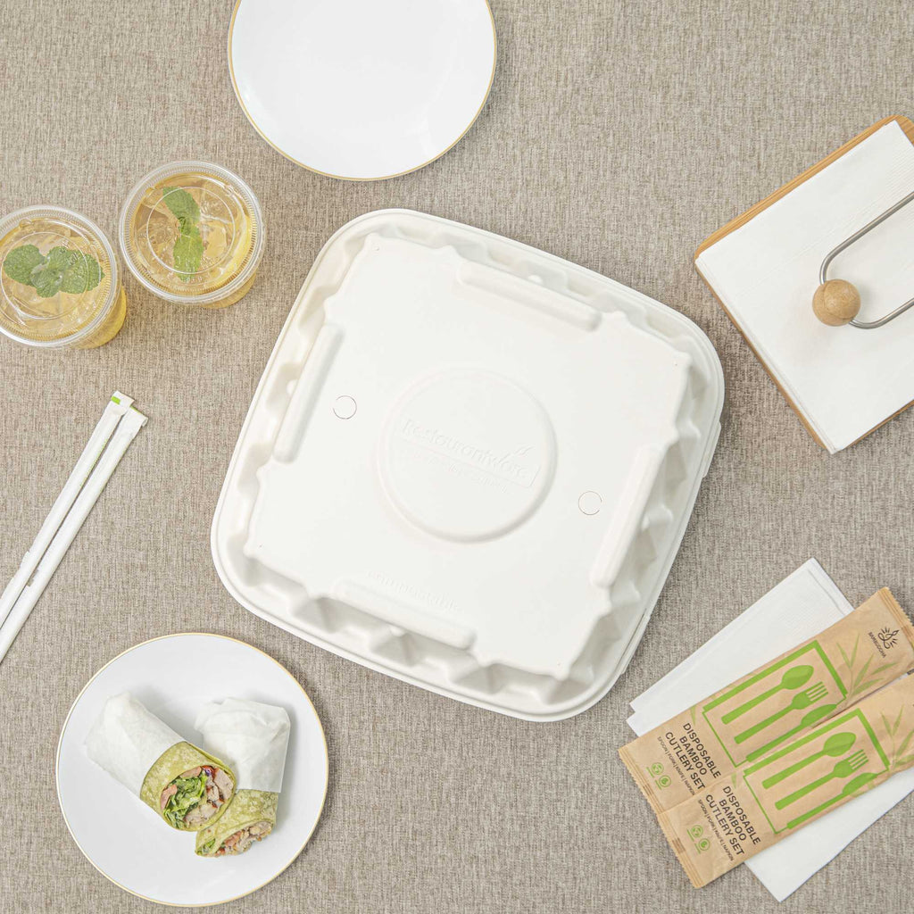 Pulp Safe No PFAS Added Square White Sugarcane/Bagasse Tray Lid - Home Compostable, Fits 12" - 100 count box