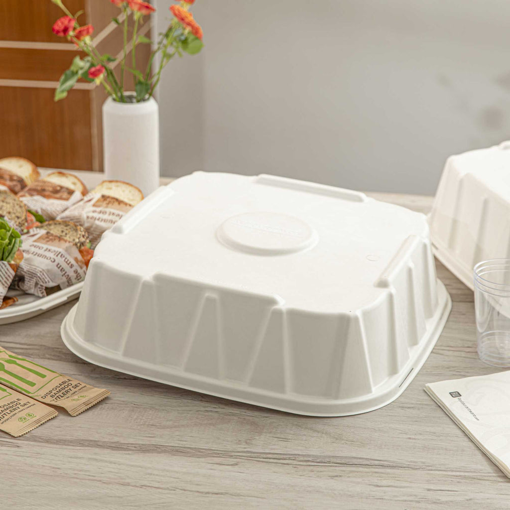 Pulp Safe No PFAS Added Square White Sugarcane / Bagasse Tray Lid - Home Compostable, Fits 16" - 100 count box