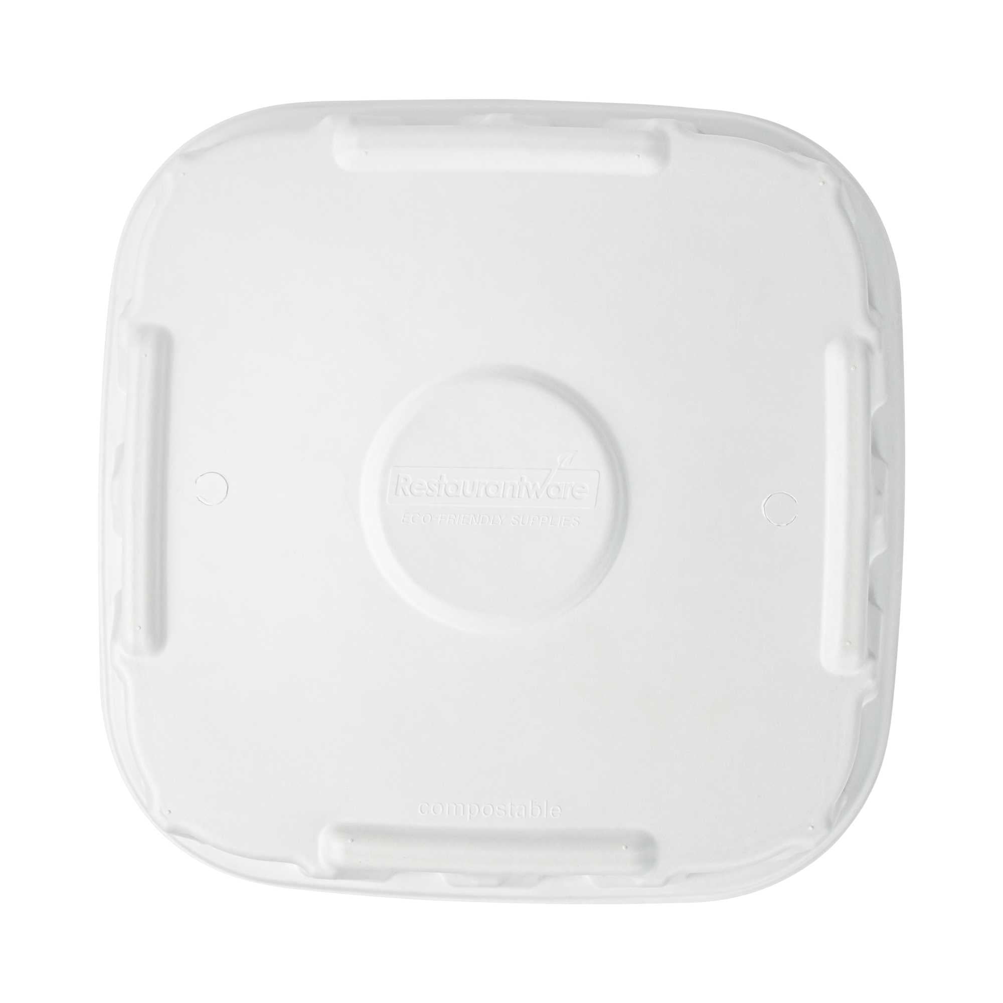 Pulp Safe No PFAS Added Square White Sugarcane / Bagasse Tray Lid - Home Compostable, Fits 16" - 100 count box