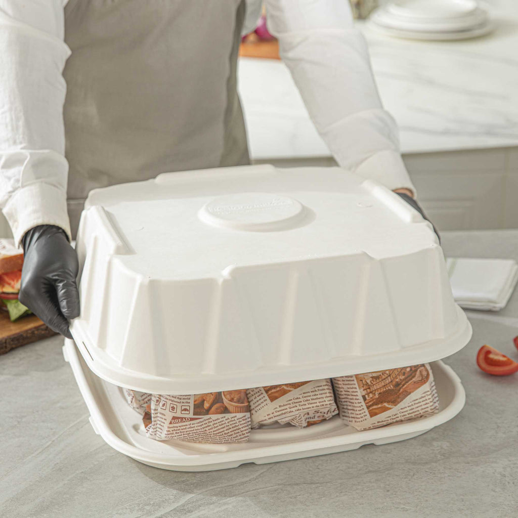 Pulp Safe No PFAS Added Square White Sugarcane / Bagasse Tray Lid - Home Compostable, Fits 16" - 100 count box