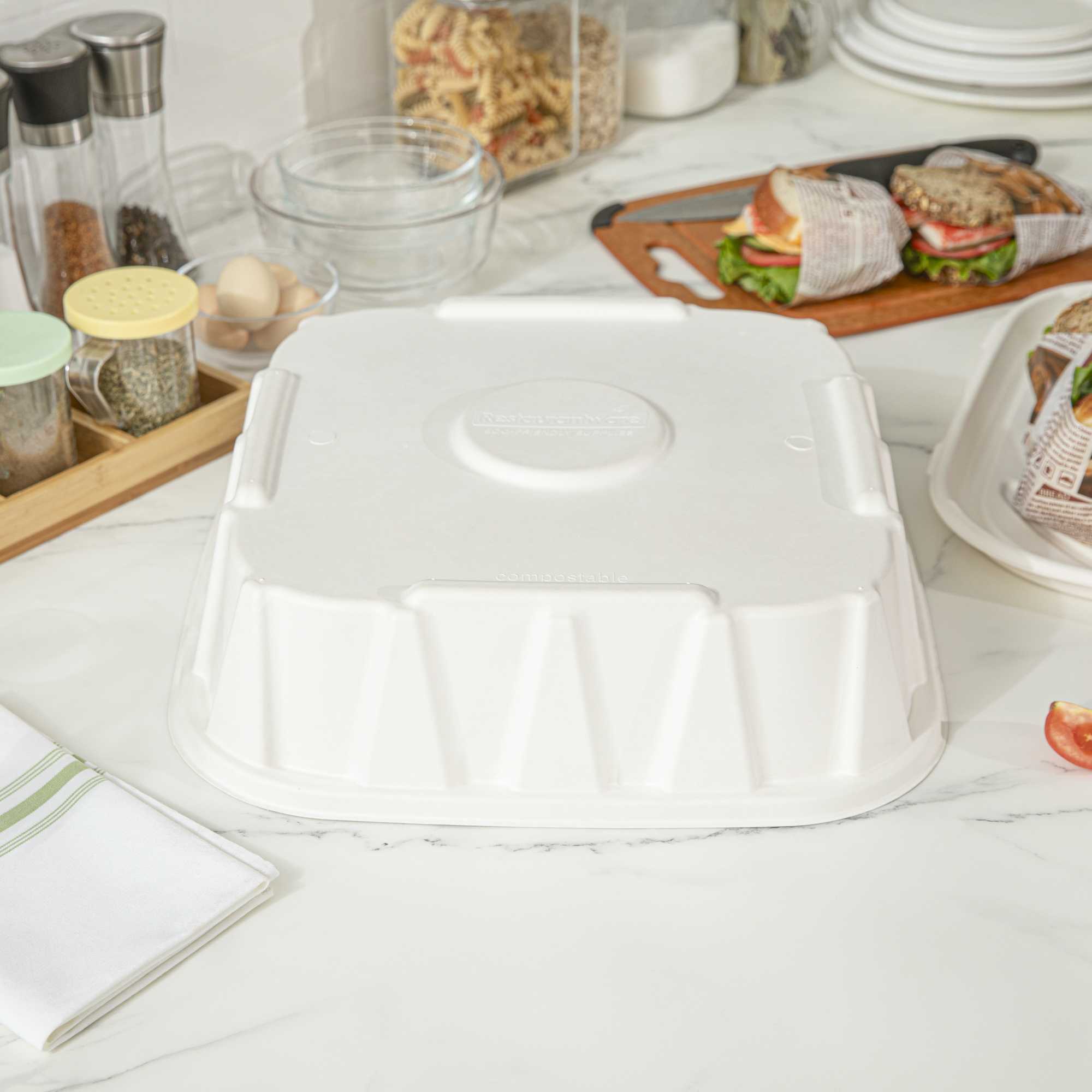 Pulp Safe No PFAS Added Square White Sugarcane / Bagasse Tray Lid - Home Compostable, Fits 16" - 100 count box