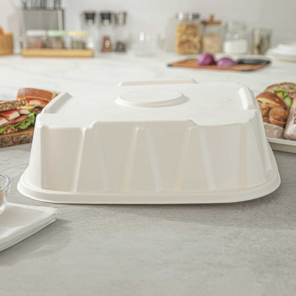 Pulp Safe No PFAS Added Square White Sugarcane / Bagasse Tray Lid - Home Compostable, Fits 16" - 100 count box