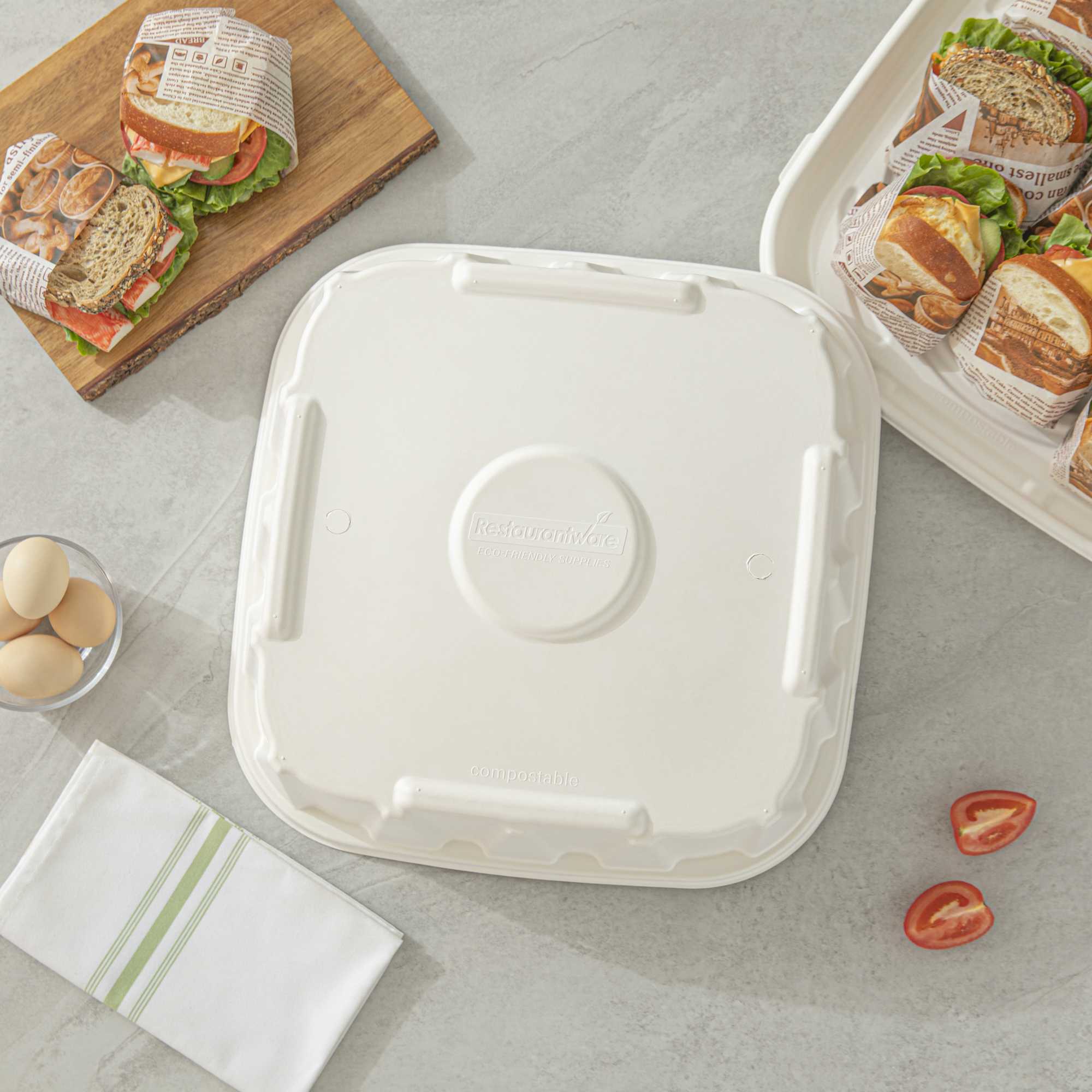 Pulp Safe No PFAS Added Square White Sugarcane / Bagasse Tray Lid - Home Compostable, Fits 16" - 100 count box