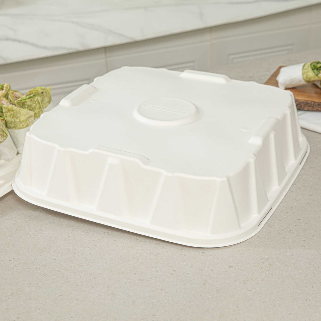 Pulp Safe No PFAS Added Square White Sugarcane / Bagasse Tray Lid - Home Compostable, Fits 18" - 100 count box