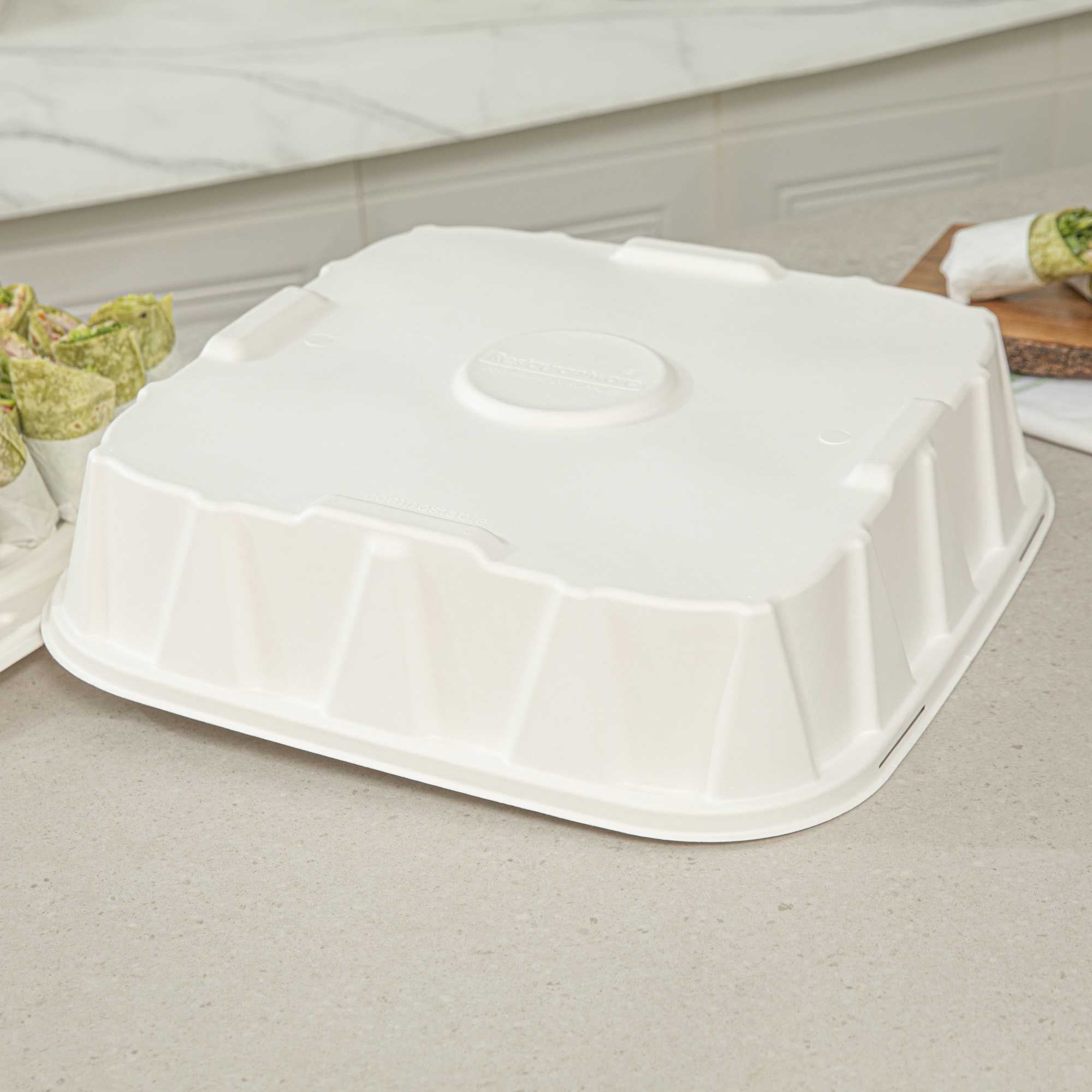 Pulp Safe No PFAS Added Square White Sugarcane / Bagasse Tray Lid - Home Compostable, Fits 18" - 100 count box