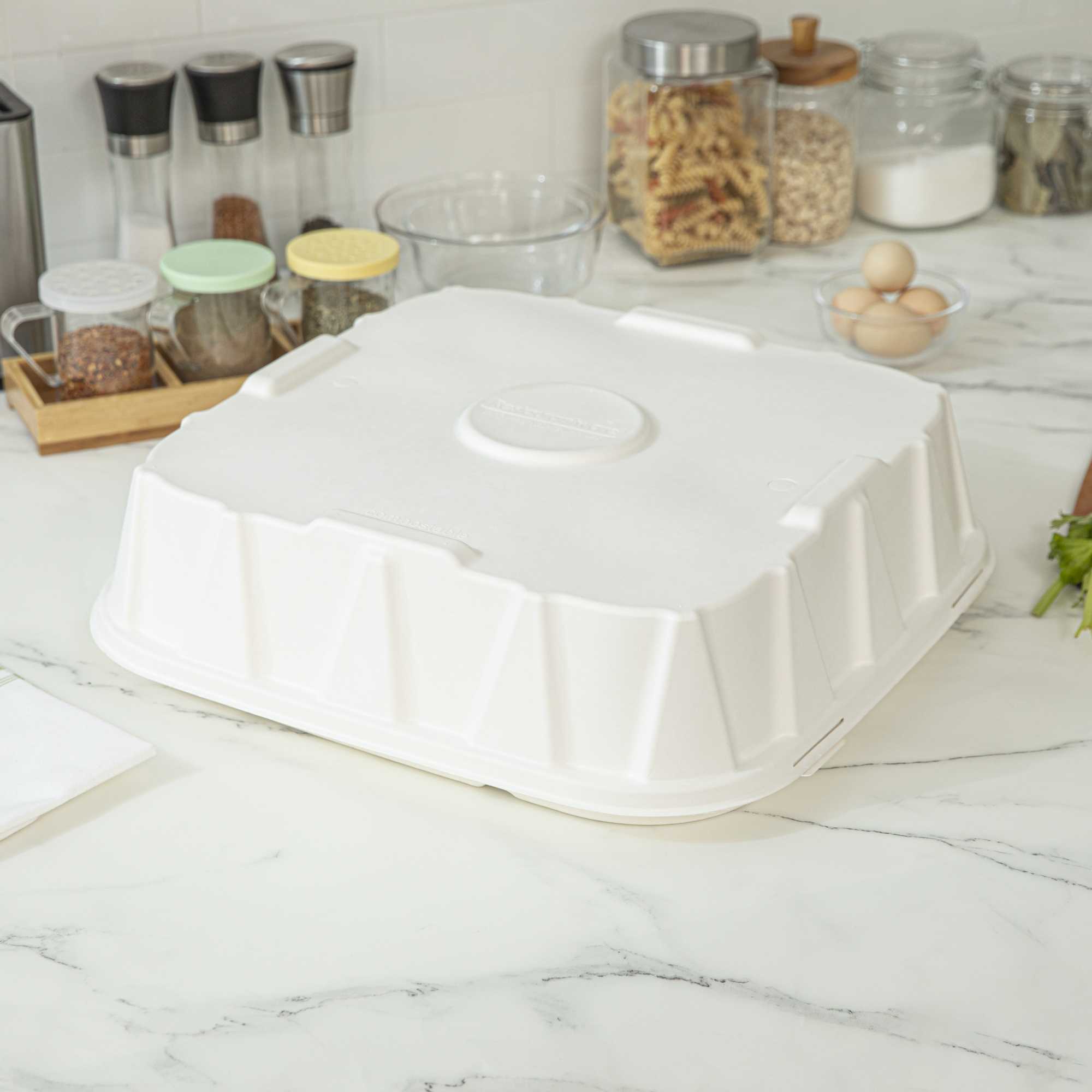 Pulp Safe No PFAS Added Square White Sugarcane / Bagasse Tray Lid - Home Compostable, Fits 18" - 100 count box