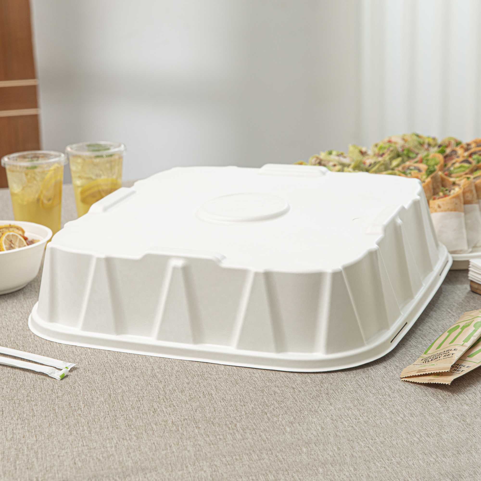 Pulp Safe No PFAS Added Square White Sugarcane / Bagasse Tray Lid - Home Compostable, Fits 18" - 100 count box