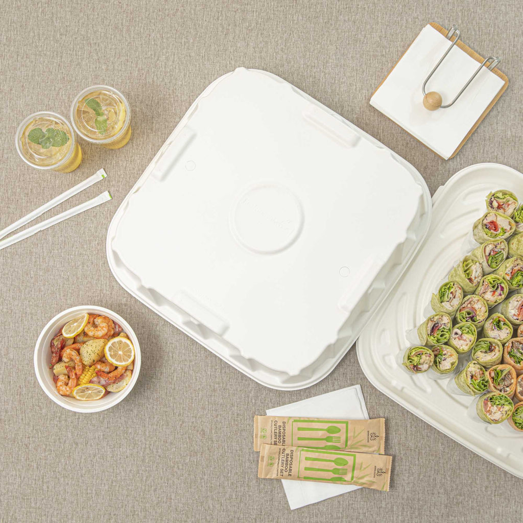 Pulp Safe No PFAS Added Square White Sugarcane / Bagasse Tray Lid - Home Compostable, Fits 18" - 100 count box