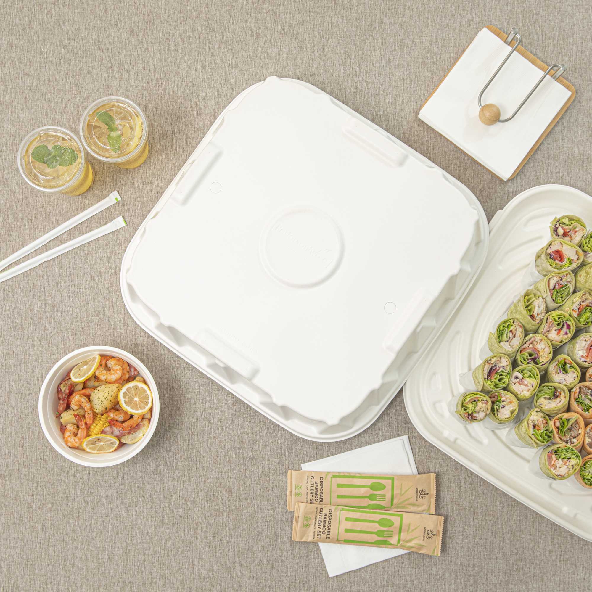 Pulp Safe No PFAS Added Square White Sugarcane / Bagasse Tray Lid - Home Compostable, Fits 18" - 100 count box